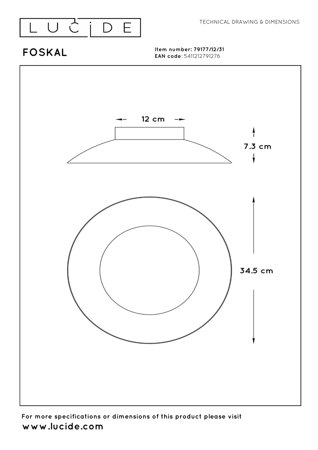 Lucide FOSKAL Lampada da Soffitto LED 34,5 cm - 12W 2700K - Ottone e Metallo Bianco