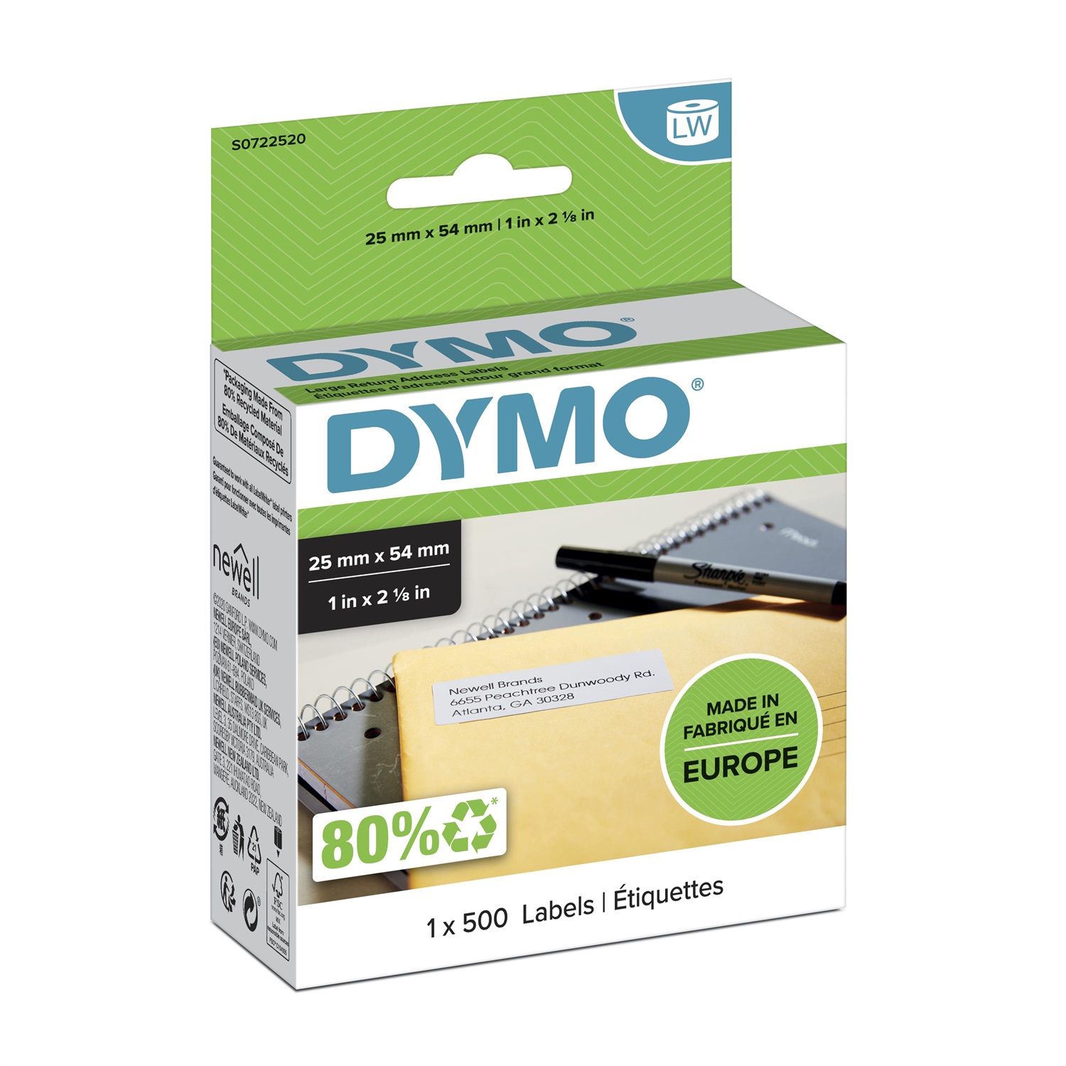 DYMO LW - Etichette di ritorno grandi 25 x 54 mm - 500 etichette autoadesive bianche per LabelWriter - S0722520