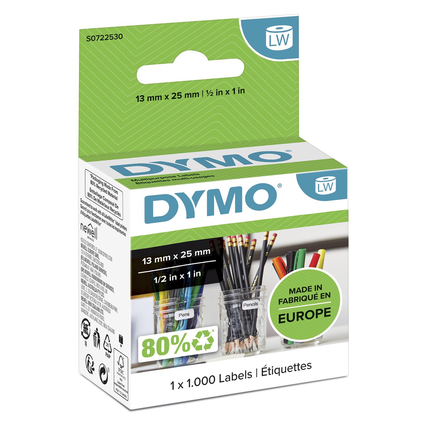 DYMO Etichette Multiuso 25 x 13 mm Bianco - Rotolo da 1000 Etichette Rimovibili per Stampanti LabelWriter