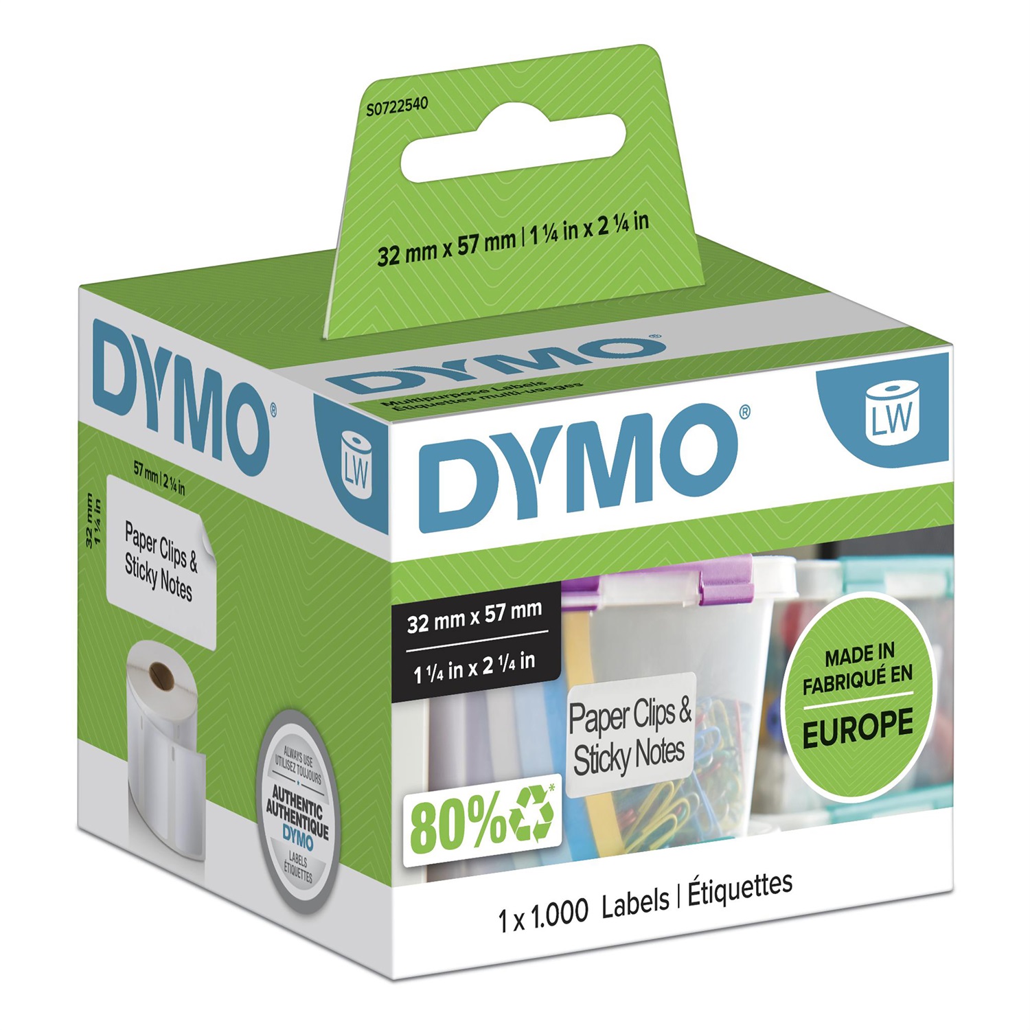 DYMO Etichette Multiuso Bianco 57 x 32 mm S0722540 - Rotolo da 1000 Etichette Adesive Rimovibili