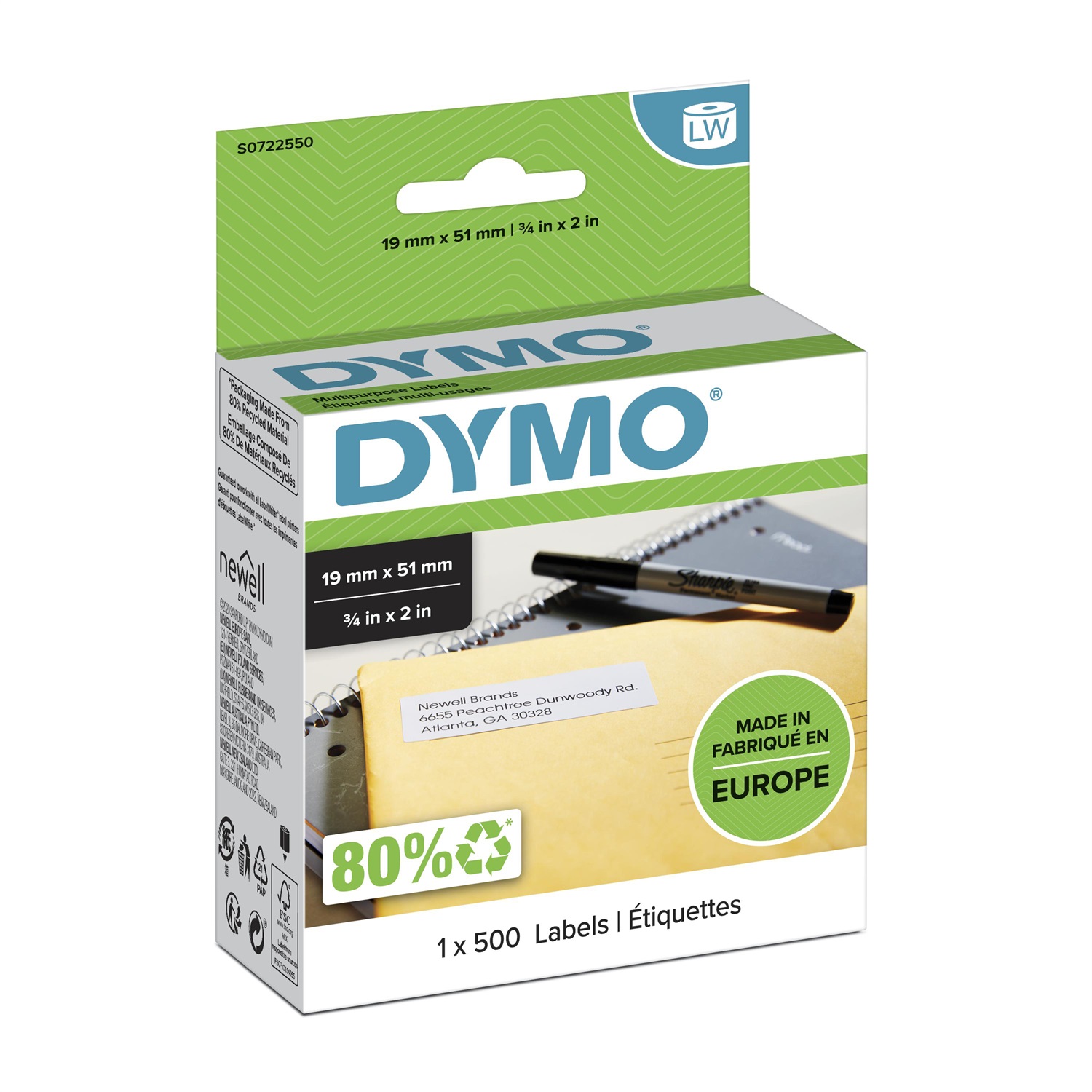 DYMO Etichette Multiuso Rimovibili 19 x 51 mm Bianco - 500 Pezzi - S0722550