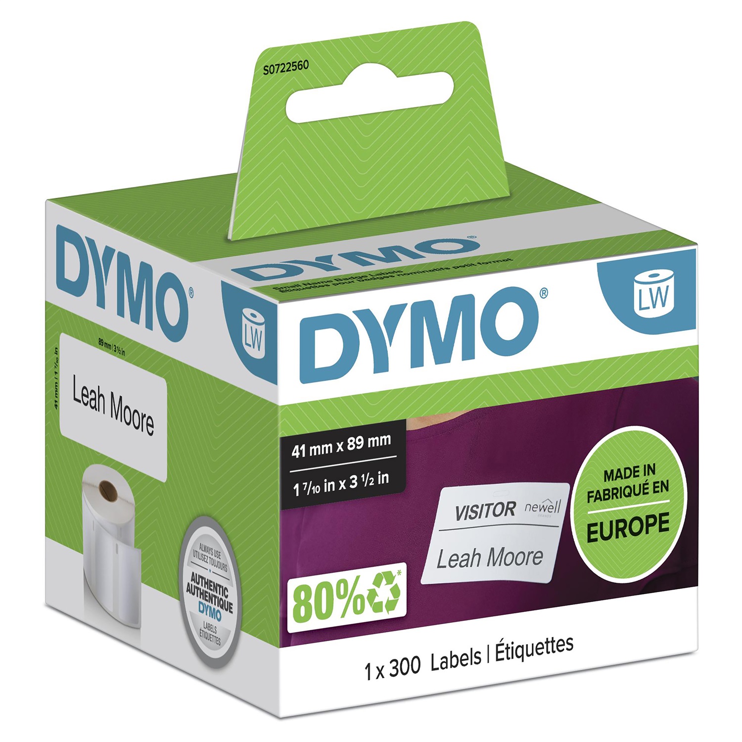 DYMO S0722560 - Etichette badge nominativi, 41 x 89 mm, 300 etichette, Bianco, Rimovibile, per stampanti LabelWriter