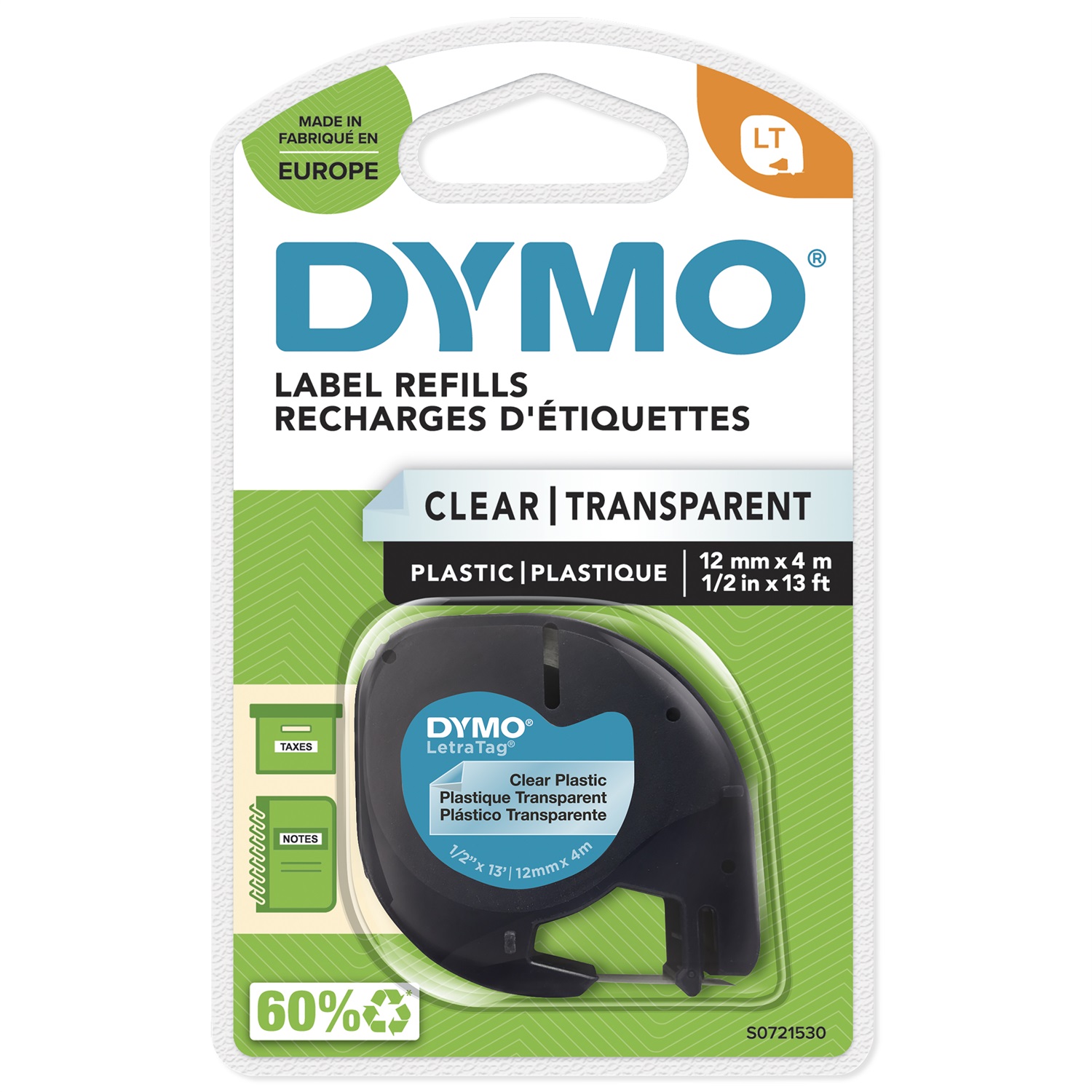 DYMO Nastro per Etichettatrici LetraTag in Plastica 12 mm x 4 m - Nero su Trasparente