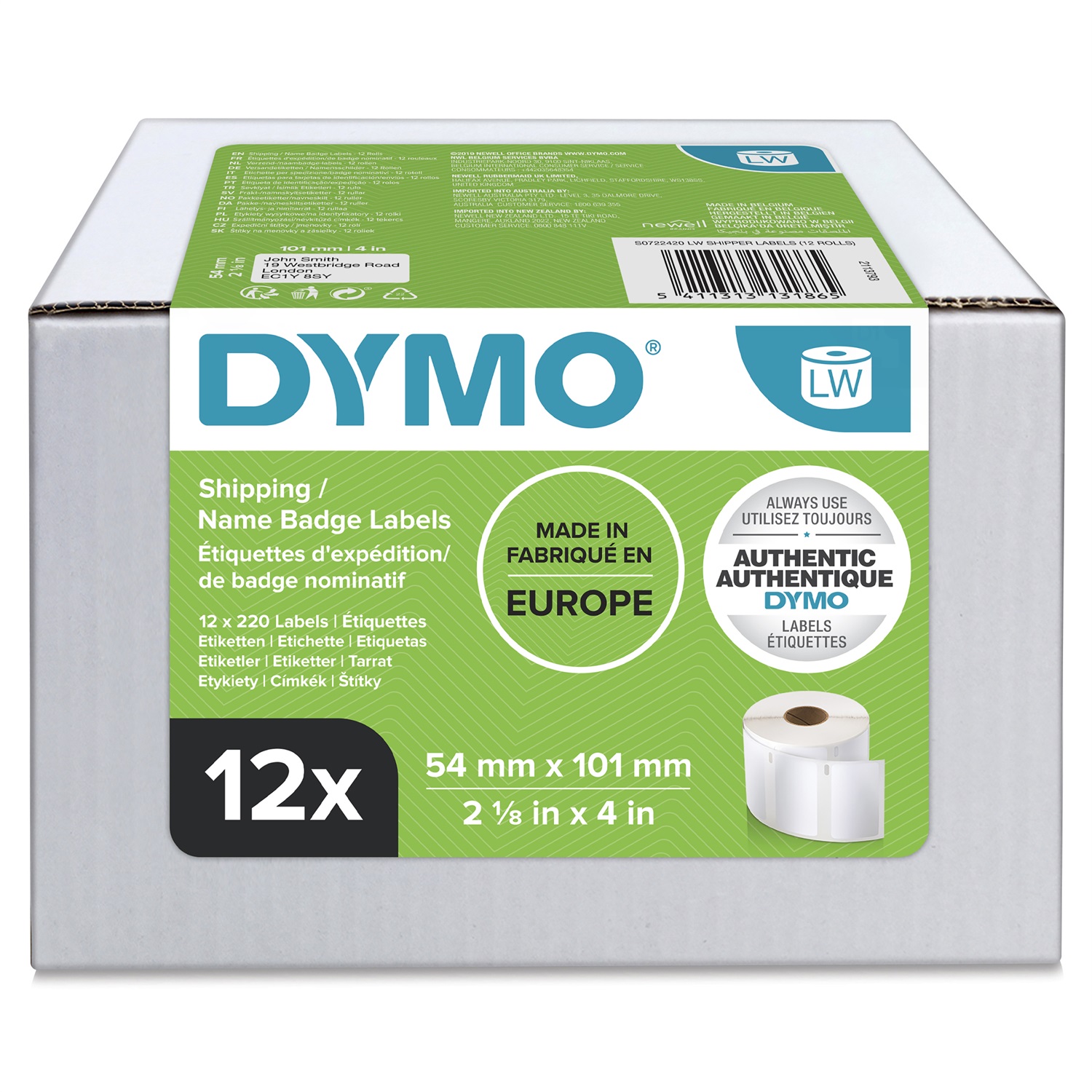 DYMO Etichette di Spedizione/Badge Nominativi - 54 x 101 mm - Bianco - Value Pack 12 Rotoli da 220 Etichette