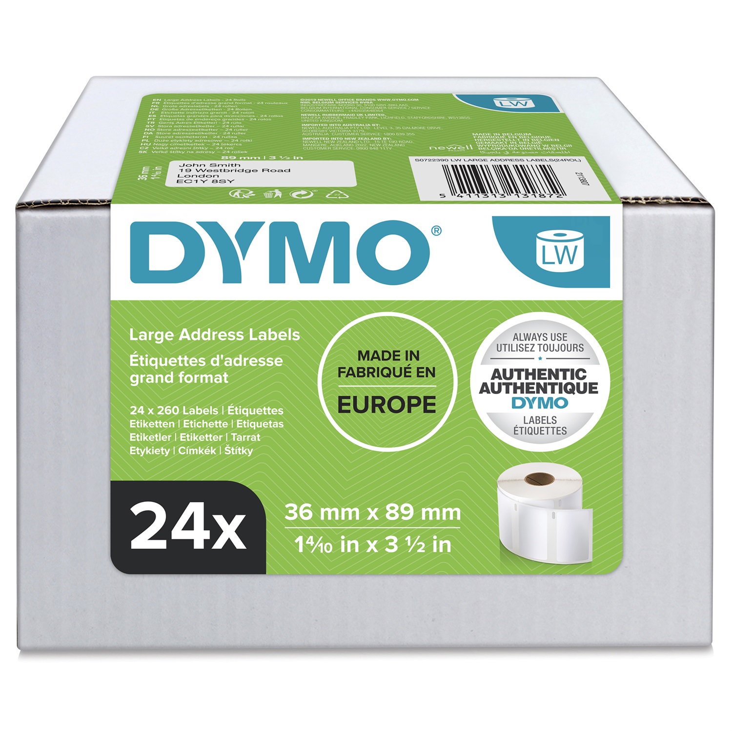 DYMO LW Etichette Indirizzi Grandi - 36 x 89 mm - 24 Rotoli da 130 Etichette Autoadesive - S0722390