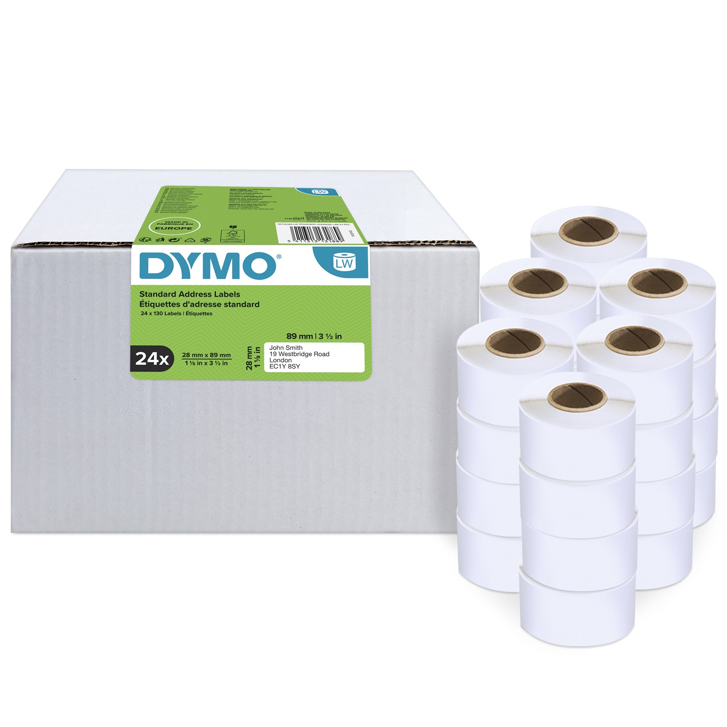 DYMO LW Etichette per Indirizzi Originali - 28 x 89 mm - Bianco - Value Pack da 24 Rotoli (130 Etichette per Rotolo)
