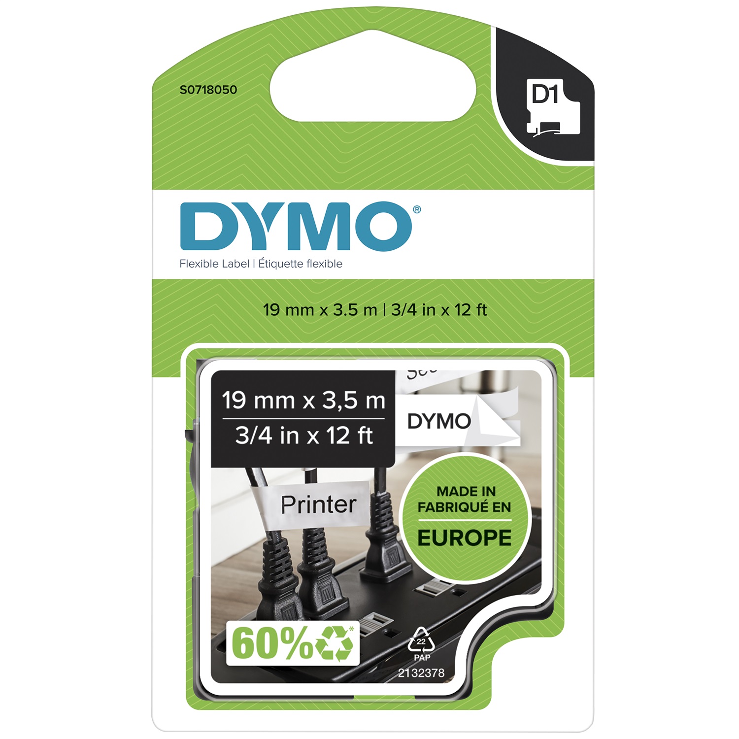 DYMO D1 Nastro in Nylon 12mm x 3,5m - Nero su Bianco - Resistente per Superfici Irregolari