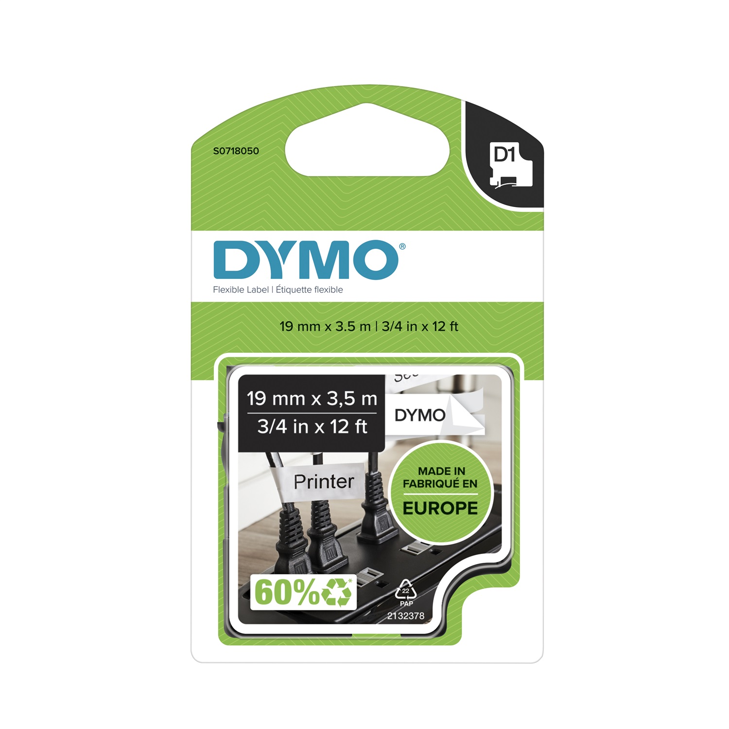 DYMO D1 Nastro in Nylon 12mm x 3,5m - Nero su Bianco - Resistente per Superfici Irregolari