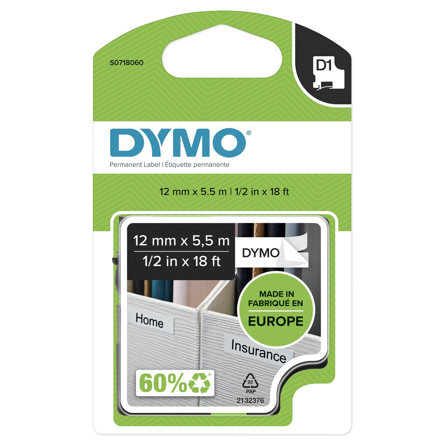 DYMO D1 Nastro per Etichettatrici - Poliestere Extra Strong - Nero su Bianco - 12mm x 5.5m