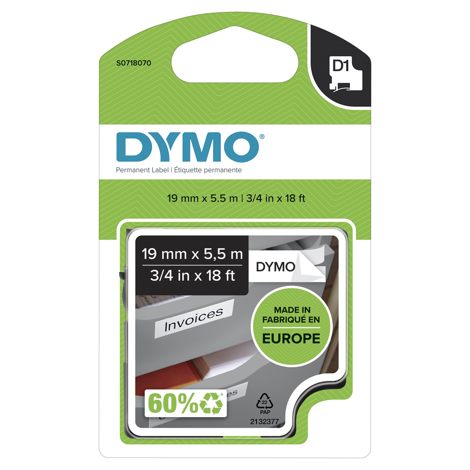 Dymo D1 Nastro per Etichettatrici Poliestere Extra Strong 19mm x 5.5m Nero su Bianco