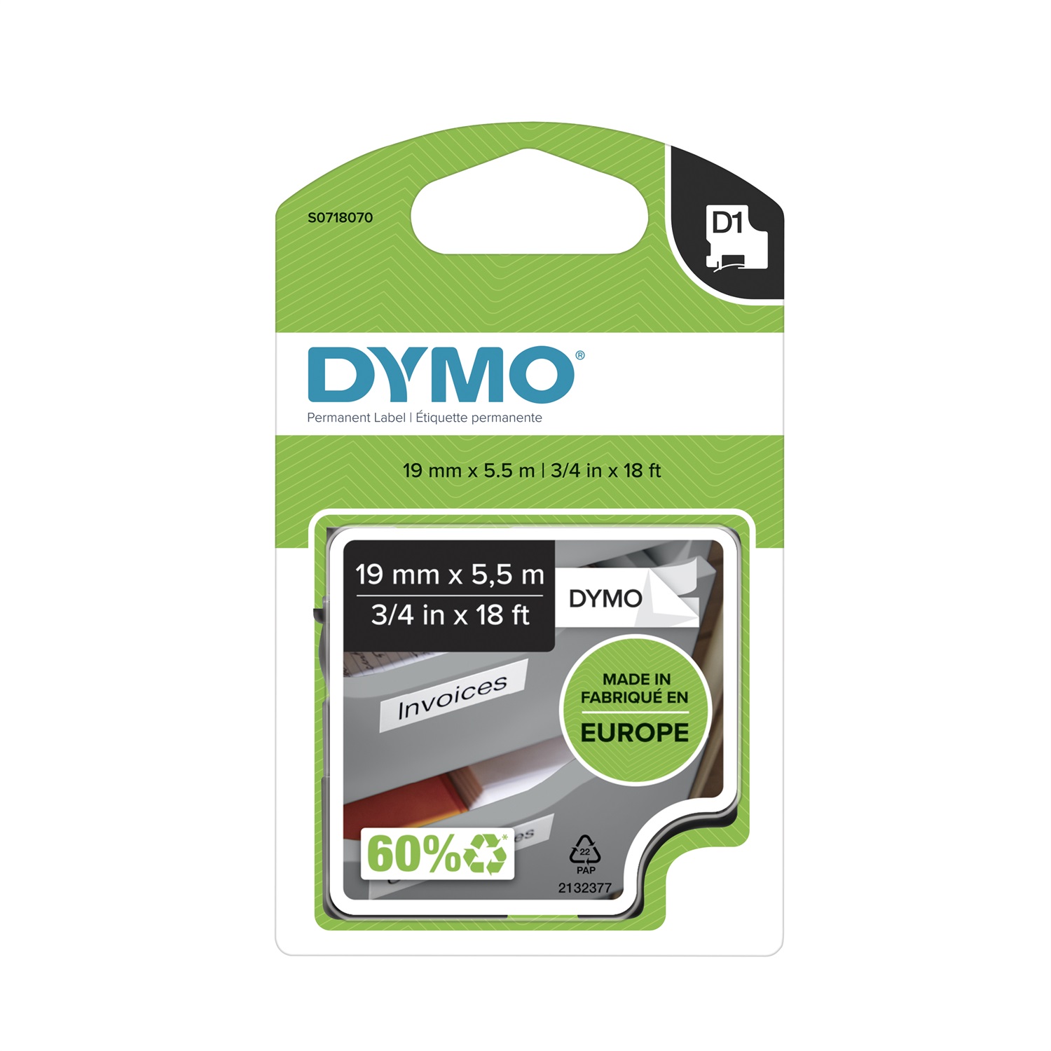 Dymo D1 Nastro per Etichettatrici Poliestere Extra Strong 19mm x 5.5m Nero su Bianco
