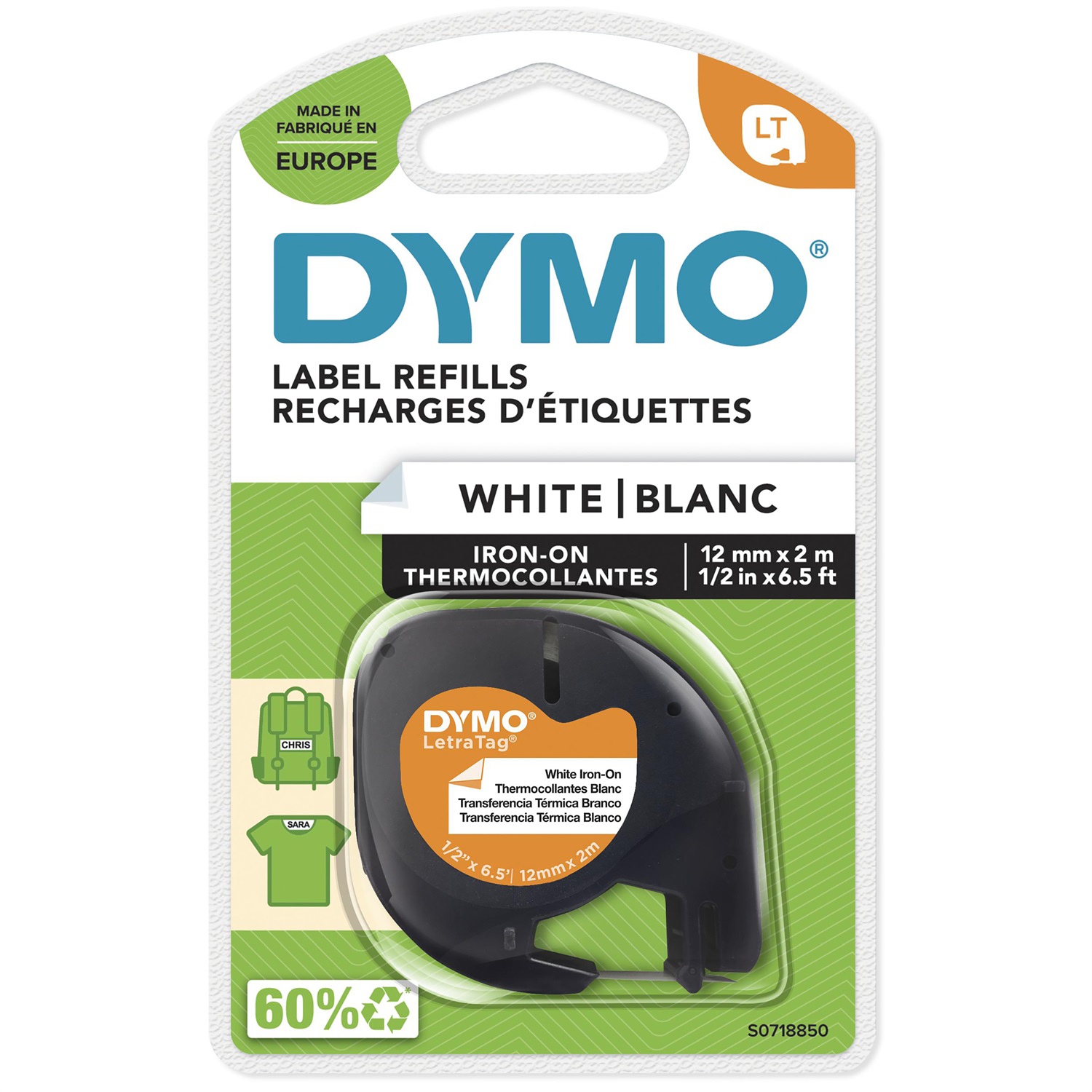 Dymo Nastro LetraTag 12 mm x 2 m Bianco - Termoadesivo per Tessuti, Nero su Bianco