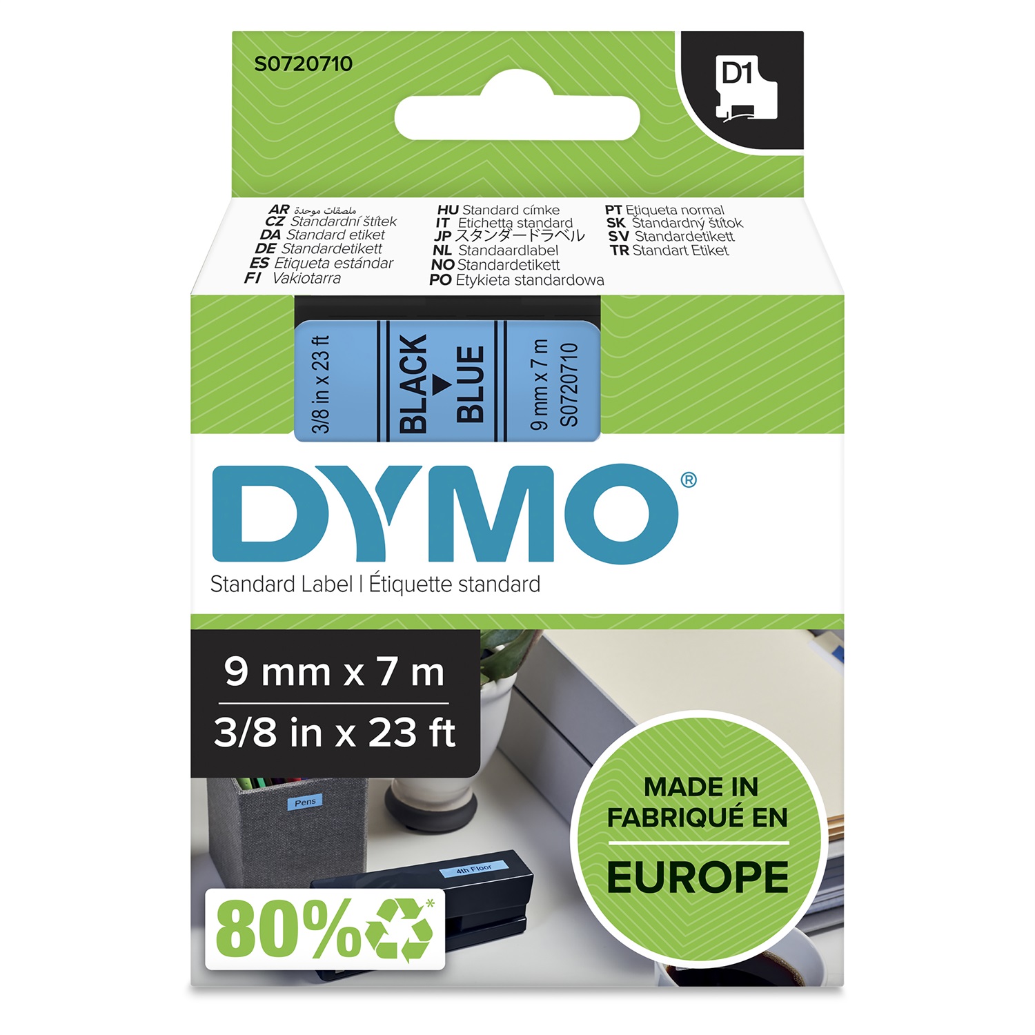 DYMO D1 - Nastro Etichette Standard - Nero su Blu - 9mm x 7m - Poliestere