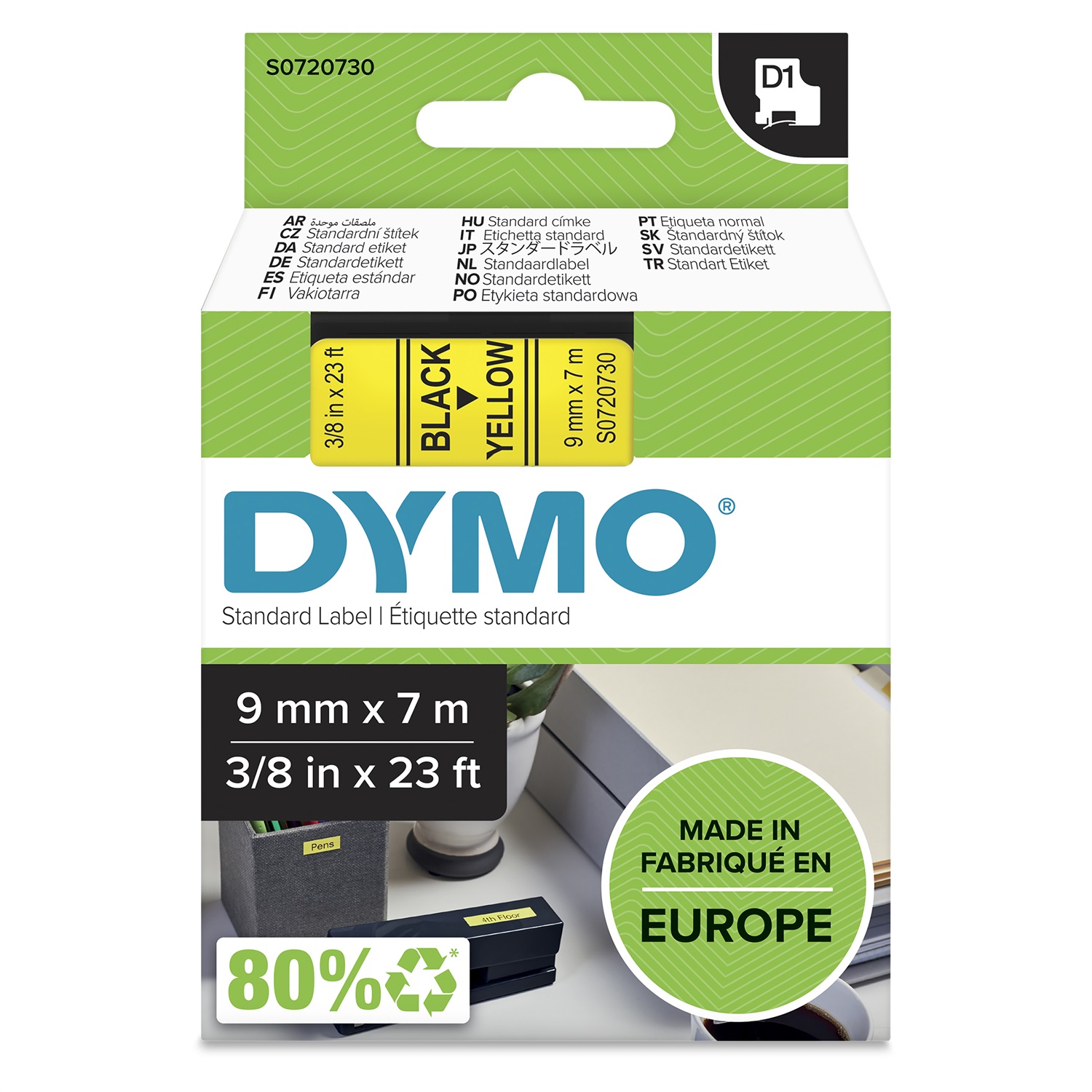 DYMO D1 Nastro per Etichettatrici - 9 mm x 7 m - Nero su Giallo - Poliestere