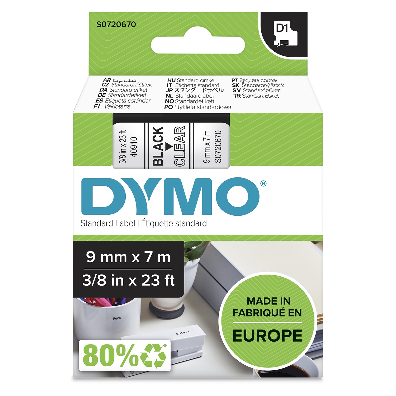 DYMO D1 Nastro Adesivo - Nero su Trasparente - 9mm x 7m - Facile da Usare e Realizzato in Materiale Durevole