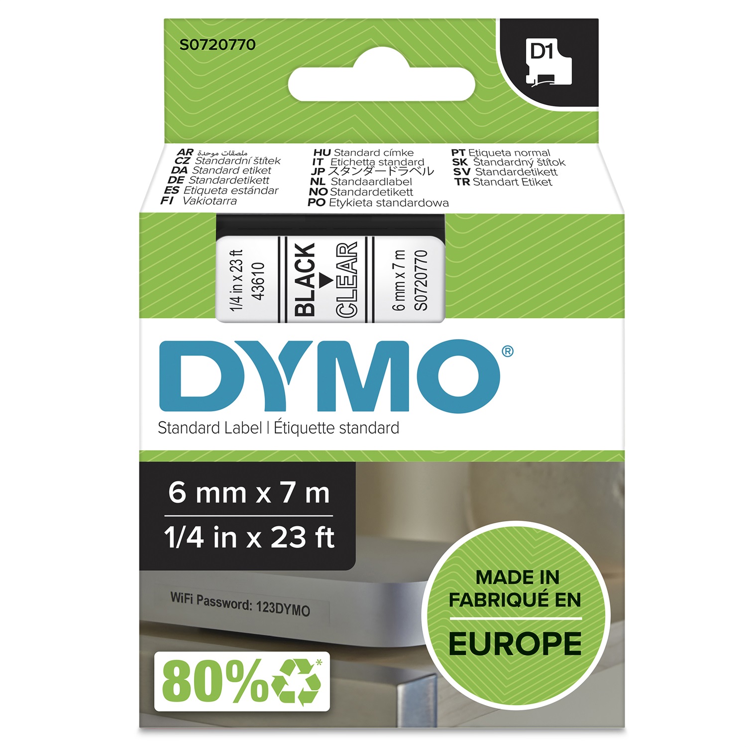 DYMO D1 Nastro per Etichettatrici - Nero su Trasparente - 6 mm x 7 m - Poliestere, Adesivo Standard