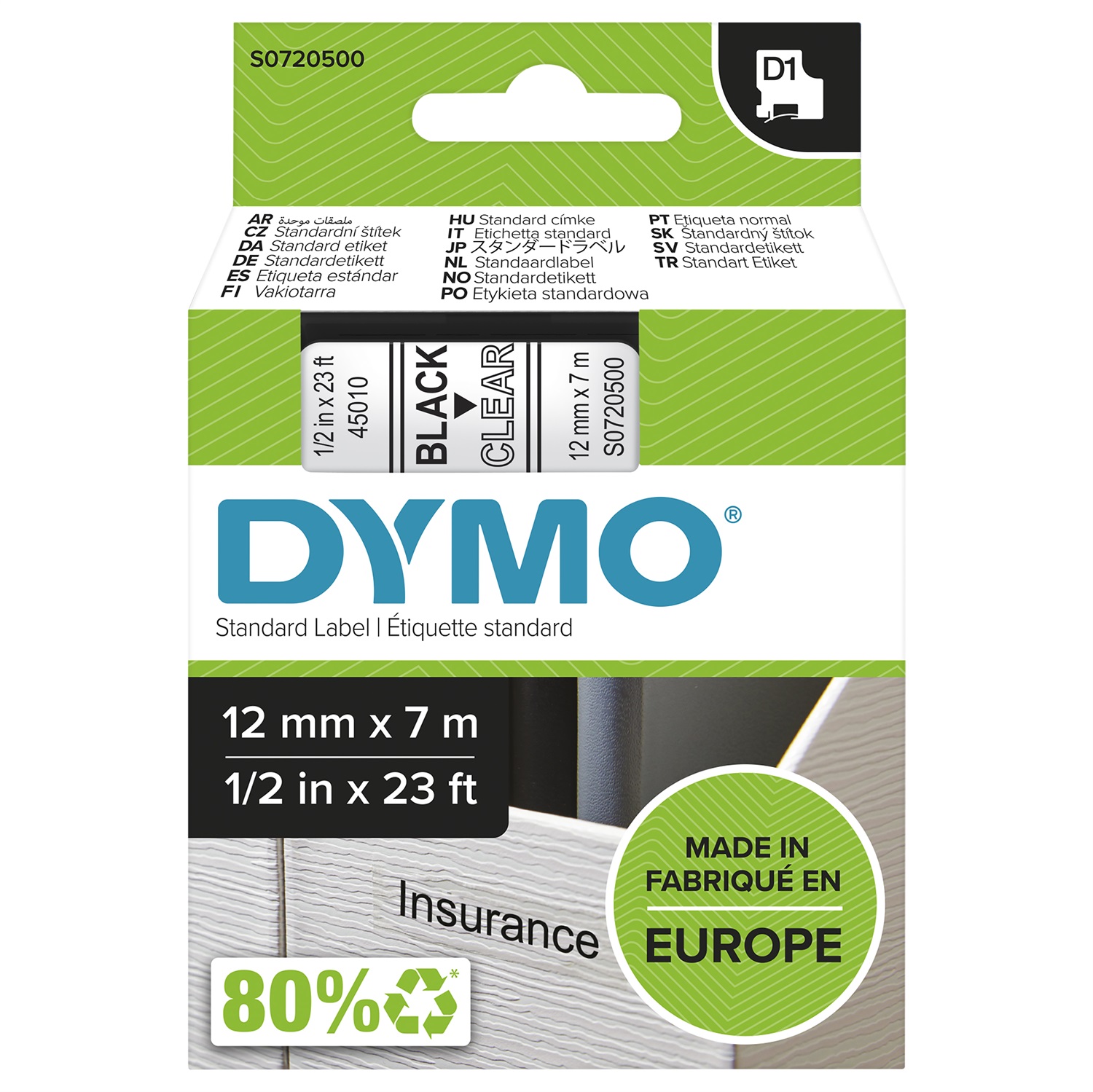 DYMO Nastro D1 - Etichette Standard Nero su Trasparente - 12mm x 7m - Poliestere