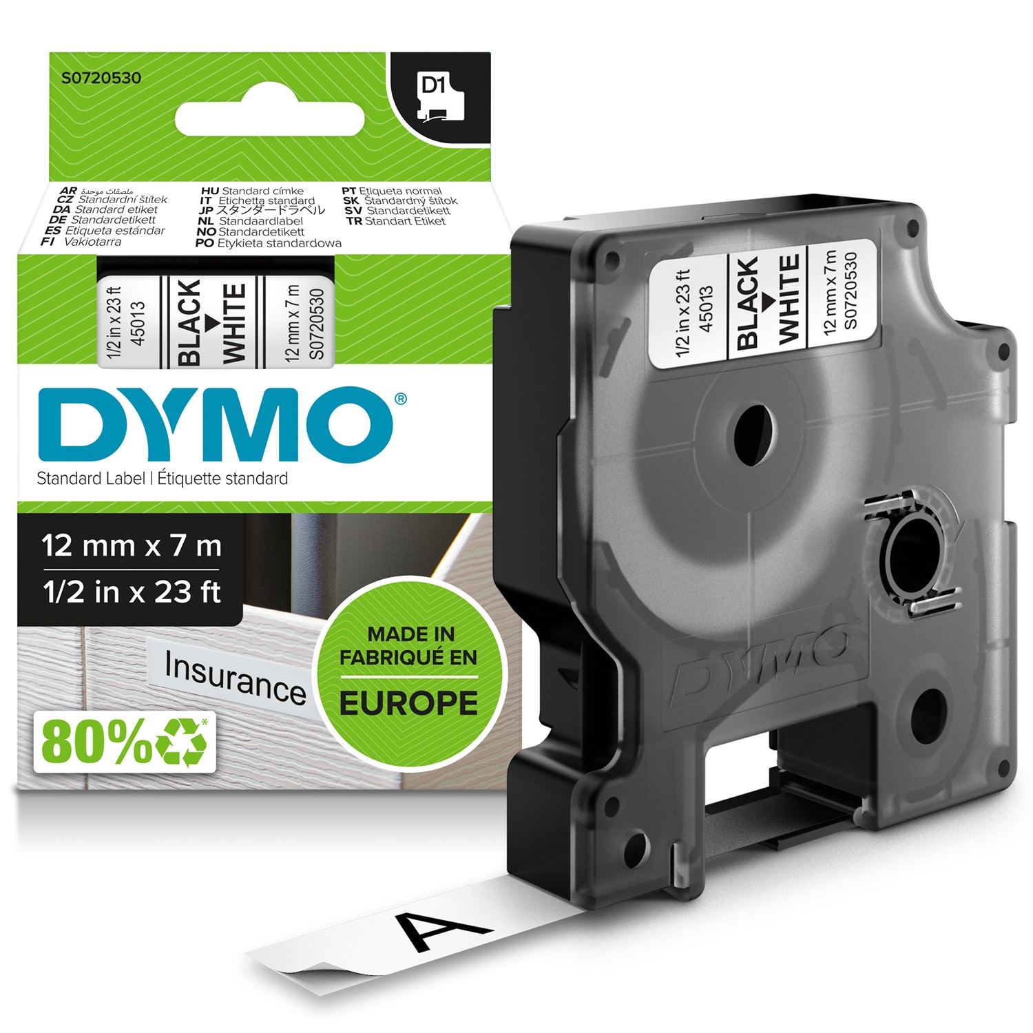 DYMO D1 Nastro per Etichettatrici - Standard - Nero su Bianco - 12mm x 7m - Poliestere