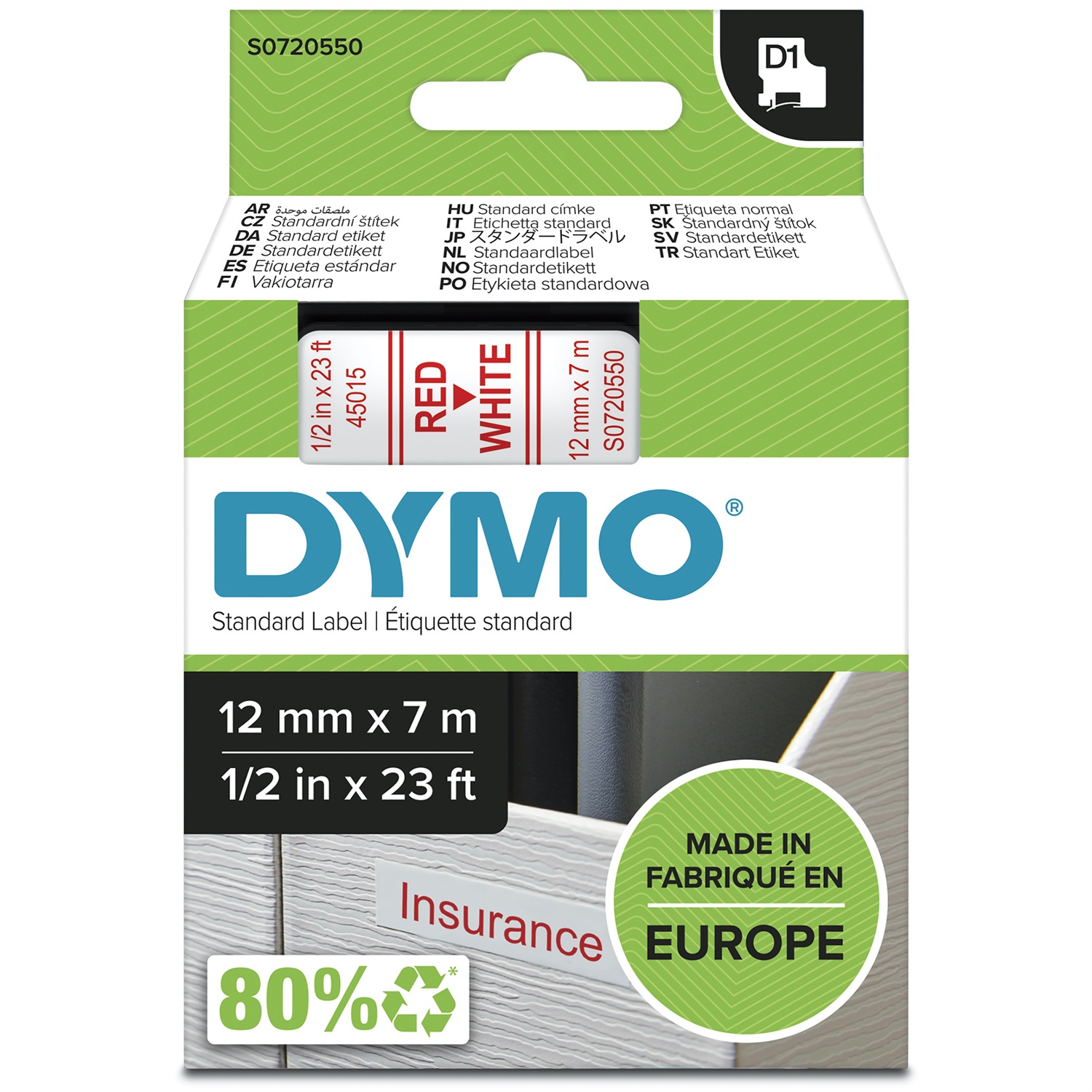 DYMO Nastro D1 - 12 mm x 7 m - Rosso su Bianco - Poliestere - Compatibile con LabelManager