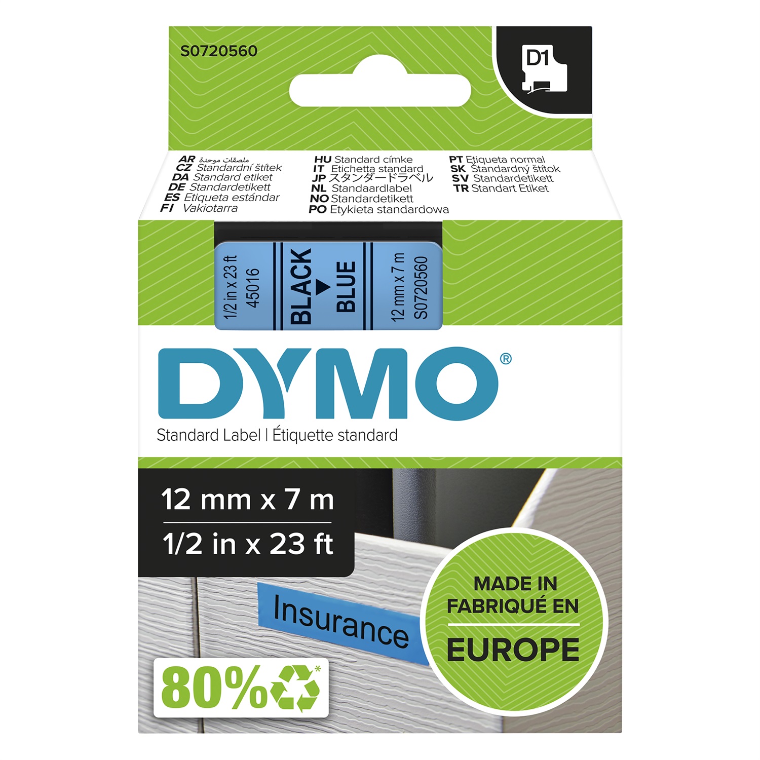 Dymo D1 Nastro per Etichettatrici - 12 mm x 7 m - Nero su Blu - Poliestere - Compatibile con LabelManager