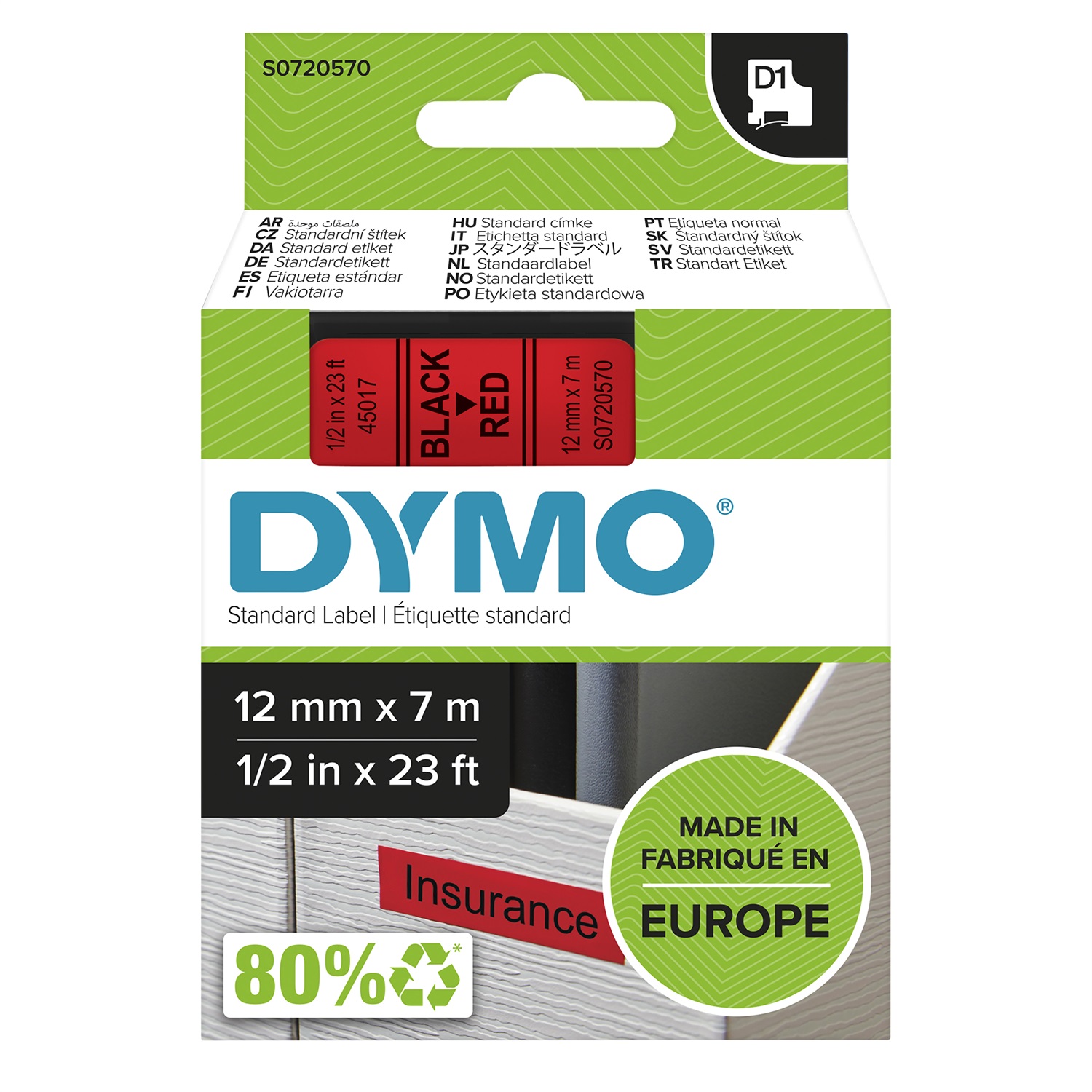 DYMO D1 Nastro per Etichettatrici - 12 mm x 7 m - Nero/Rosso - Poliestere, Idrorepellente, Compatibile con LabelManager e LabelWriter