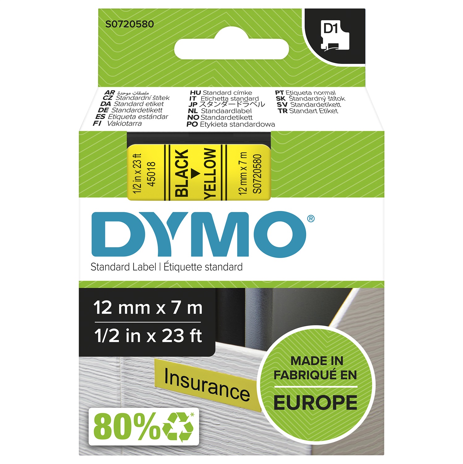 DYMO D1 Nastro per Etichettatrici - Nero su Giallo - 12mm x 7m - Poliestere, Compatibile con LabelManager e LabelWriter