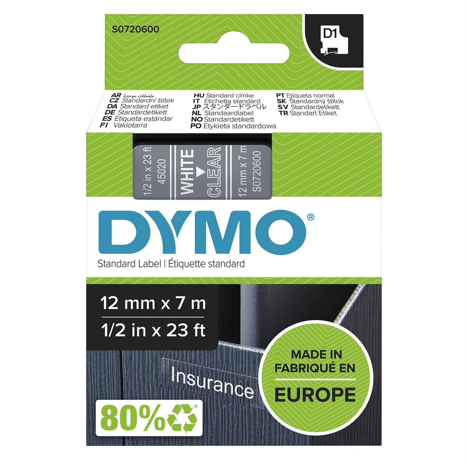 DYMO D1 Nastro per Etichettatrici - Bianco su Trasparente - 12 mm x 7 m - Poliestere
