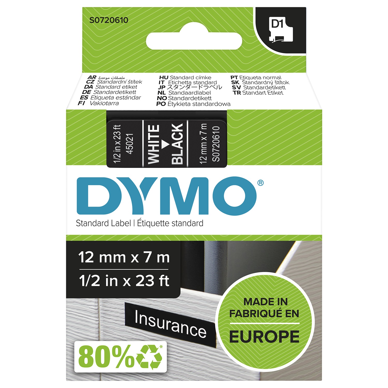 DYMO Nastro D1 - Bianco su Nero - 12mm x 7m - Poliestere - Compatibile con LabelManager e LabelWriter