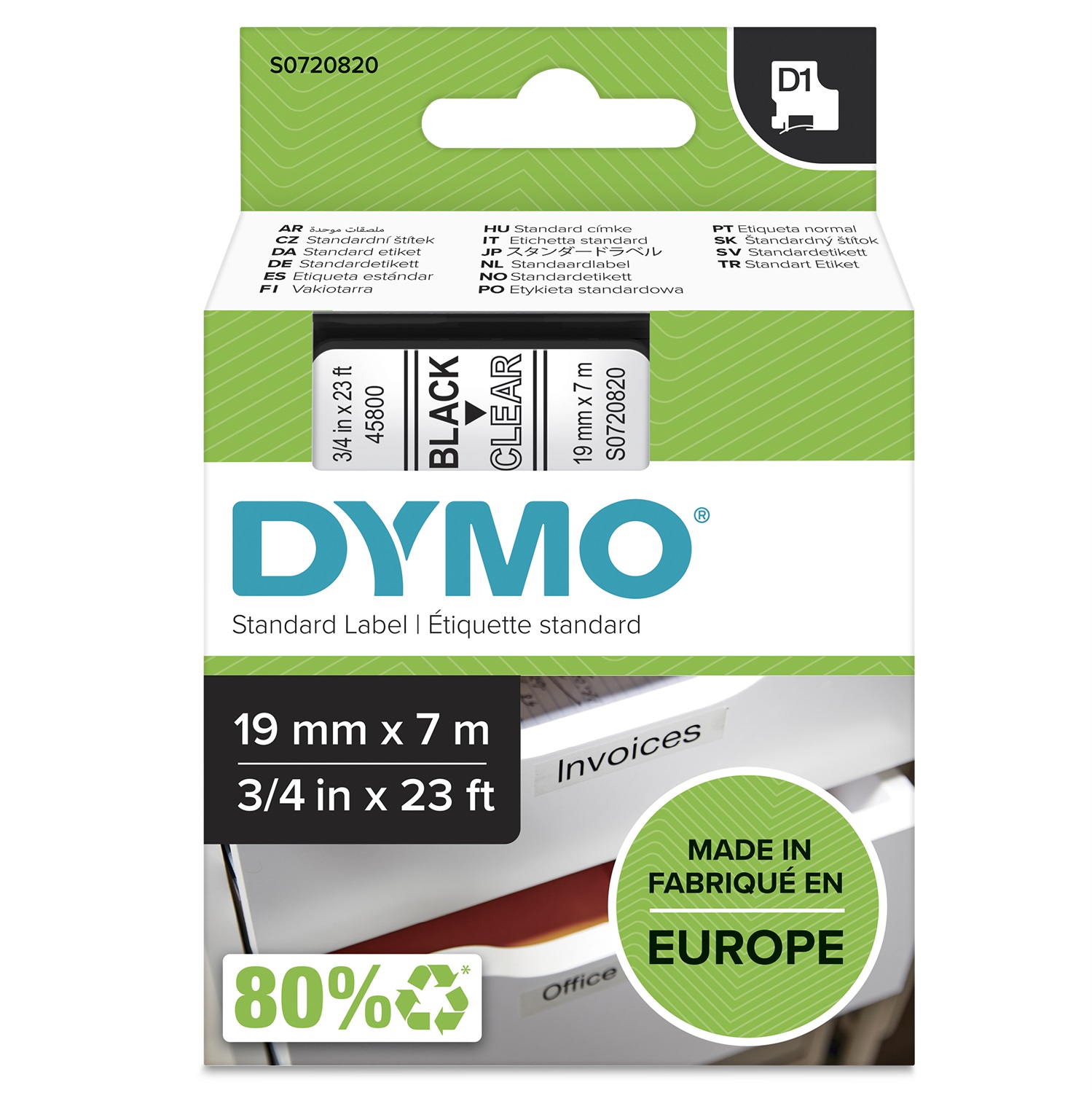 DYMO D1 Nastro per Etichettatrici - Nero su Trasparente - 19mm x 7m - Poliestere
