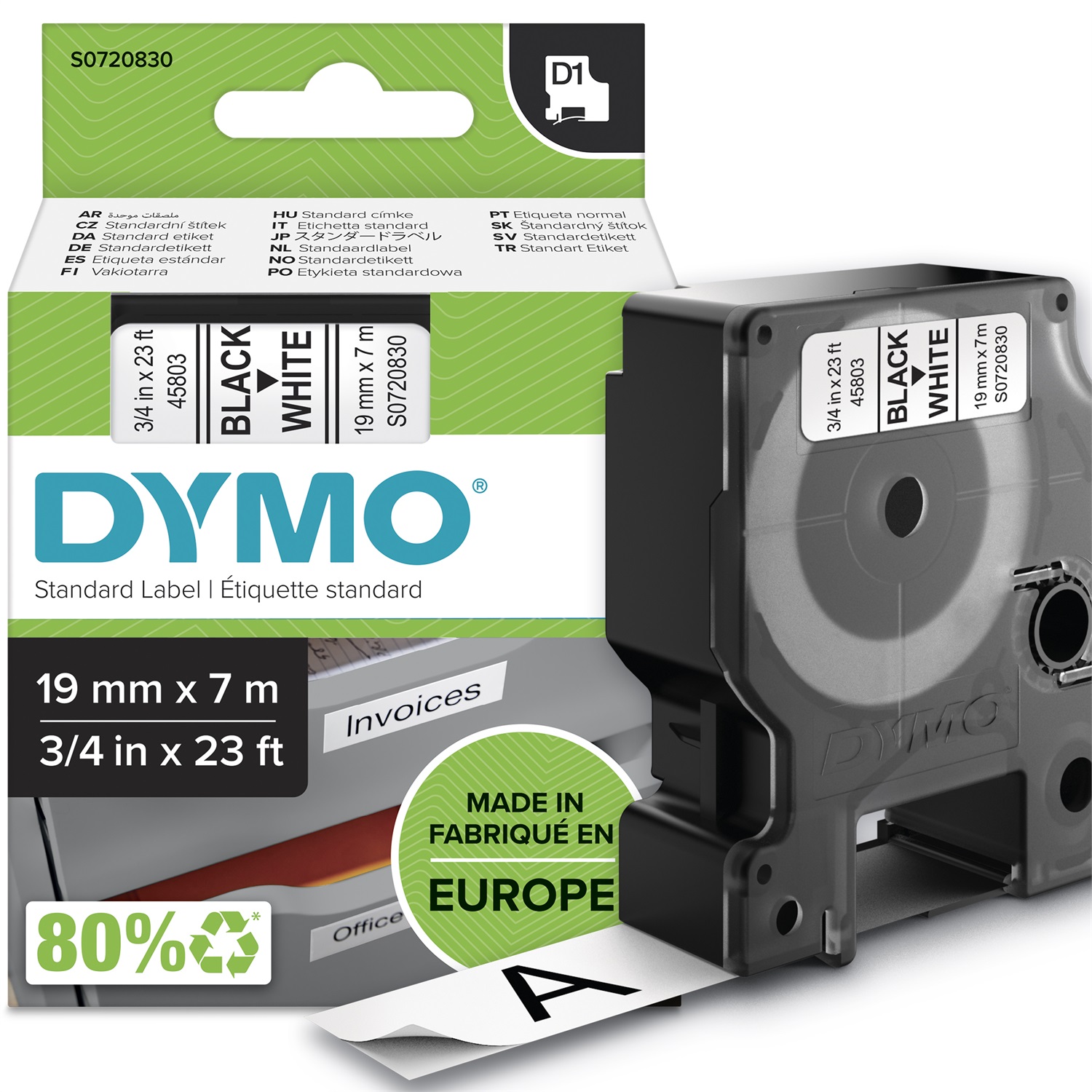 DYMO D1 Nastro per Etichettatrici - Nero su Bianco - 19mm x 7m - Poliestere