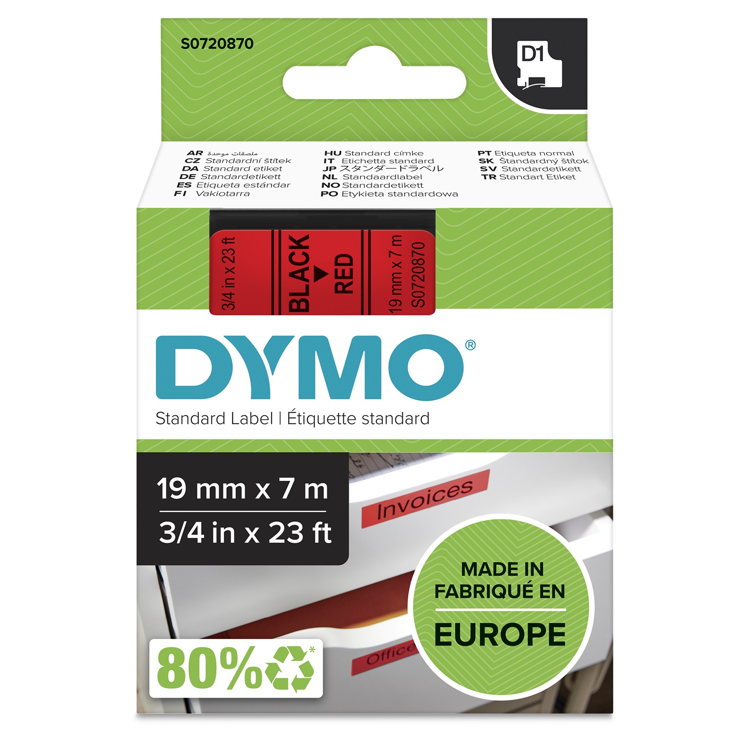 DYMO D1 Nastro per Etichettatrici - 19 mm x 7 m - Nero su Rosso - Poliestere - Compatibile con LabelManager e LabelWriter