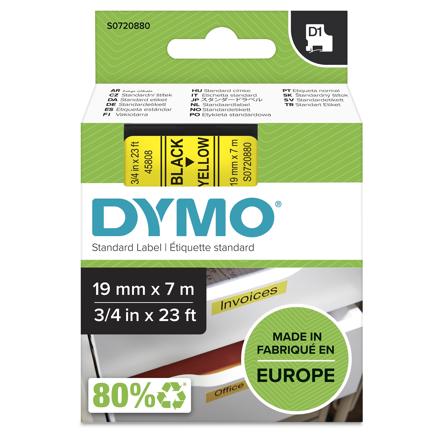 DYMO D1 Nastro per Etichettatrici - 19 mm x 7 m - Nero su Giallo - Poliestere - Adesivo Standard