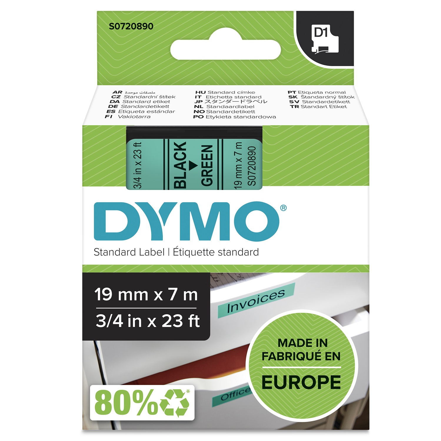 DYMO Nastro D1 - Etichette Standard Nero su Verde - 19mm x 7m - Poliestere