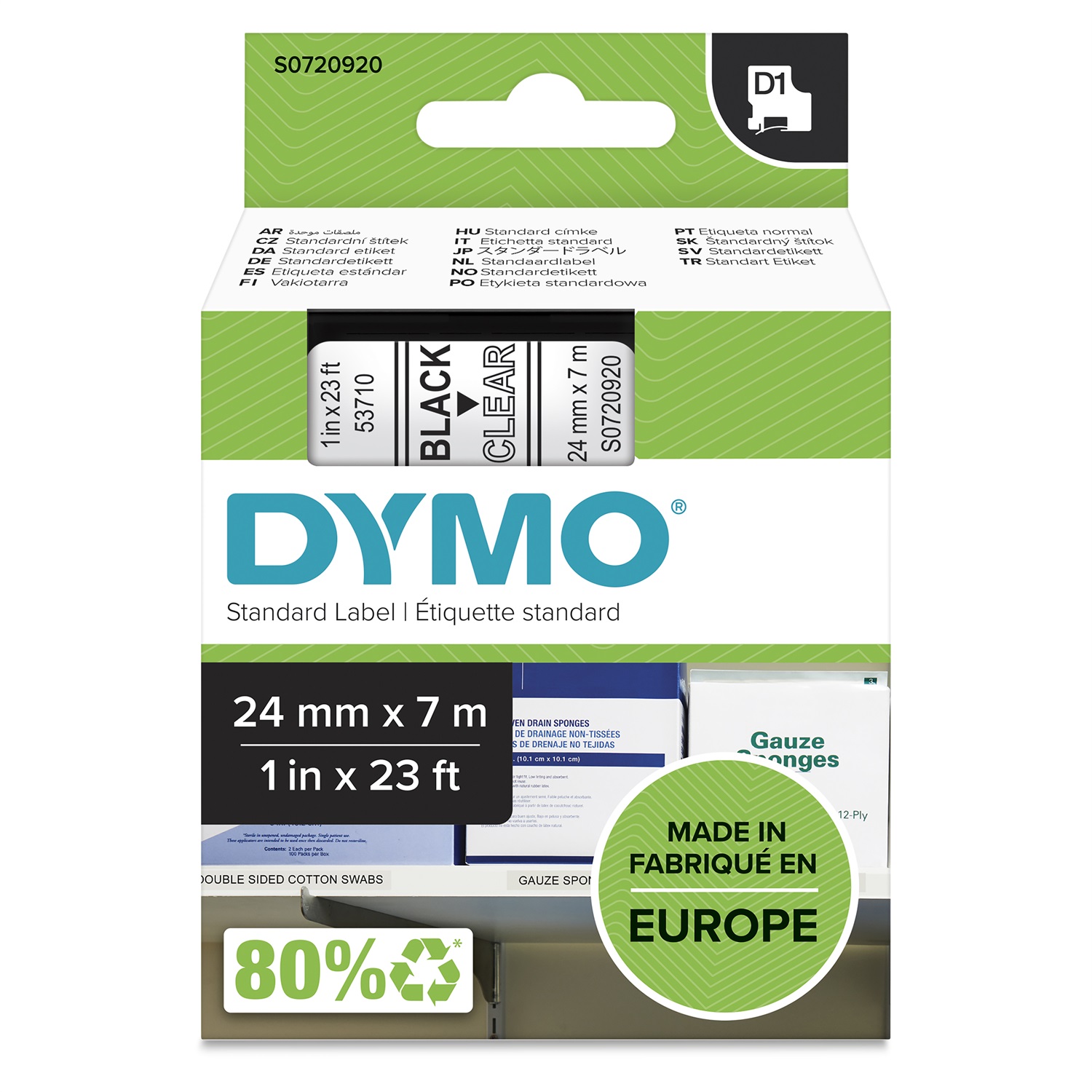 DYMO D1 Nastro per Etichettatrici - 24 mm x 7 m - Nero su Trasparente - Poliestere - Compatibile con LabelManager e LabelWriter