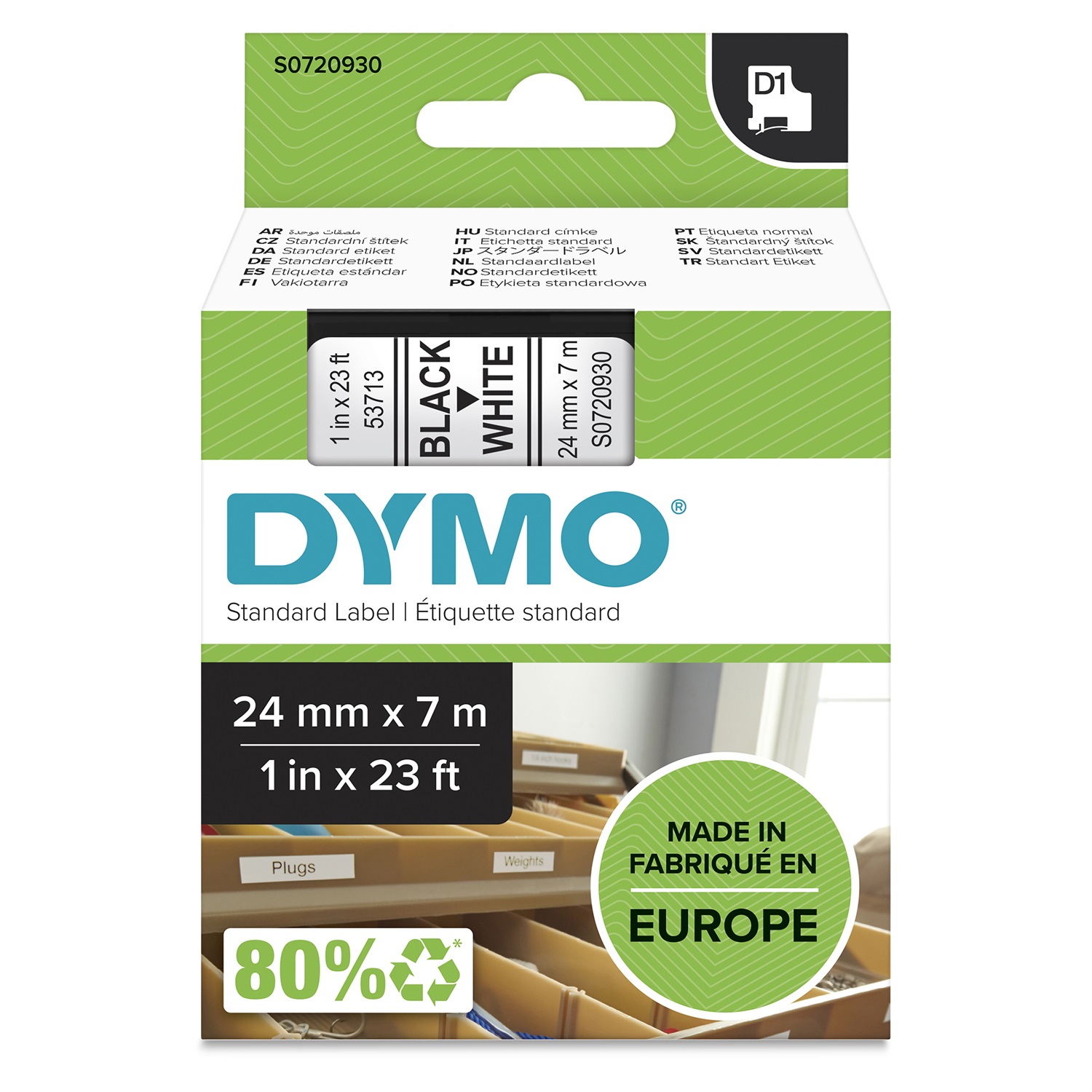 DYMO D1 Nastro per Etichettatrici - 24 mm x 7 m - Nero su Bianco - Poliestere - Compatibile con LabelManager e LabelWriter