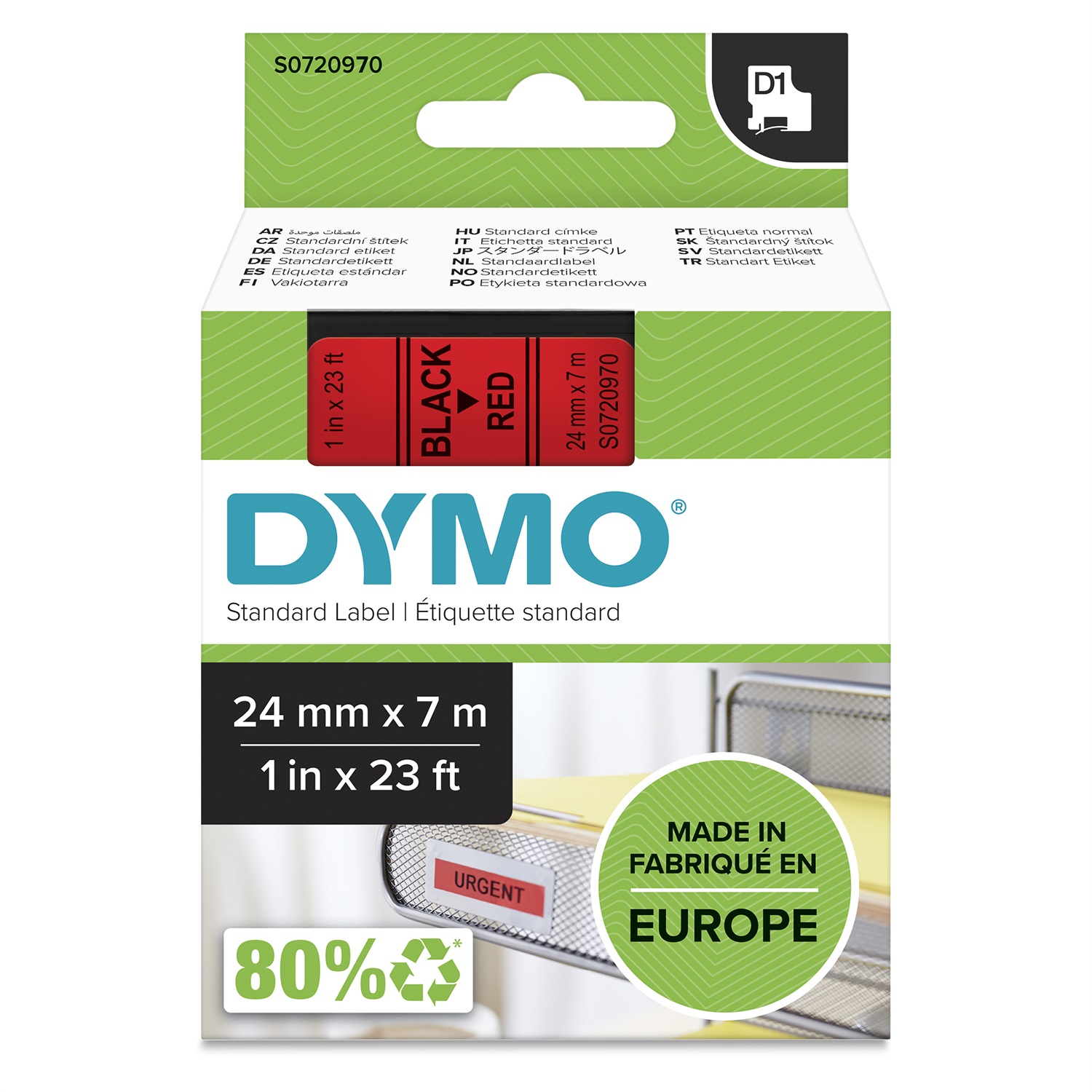DYMO Nastro D1 - Etichette Standard 24mm x 7m - Nero su Rosso - Poliestere, Adesivo Standard