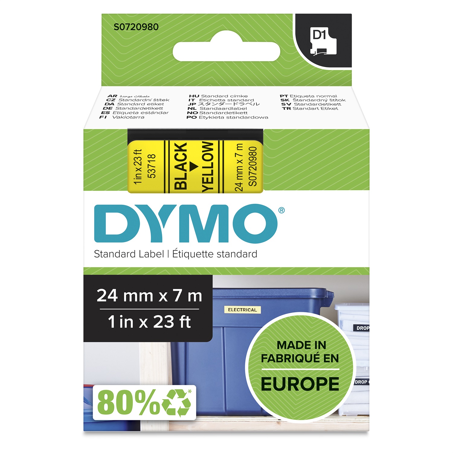 DYMO D1 Nastro per Etichettatrici - 24 mm x 7 m - Nero su Giallo - Adesivo Standard - Poliestere