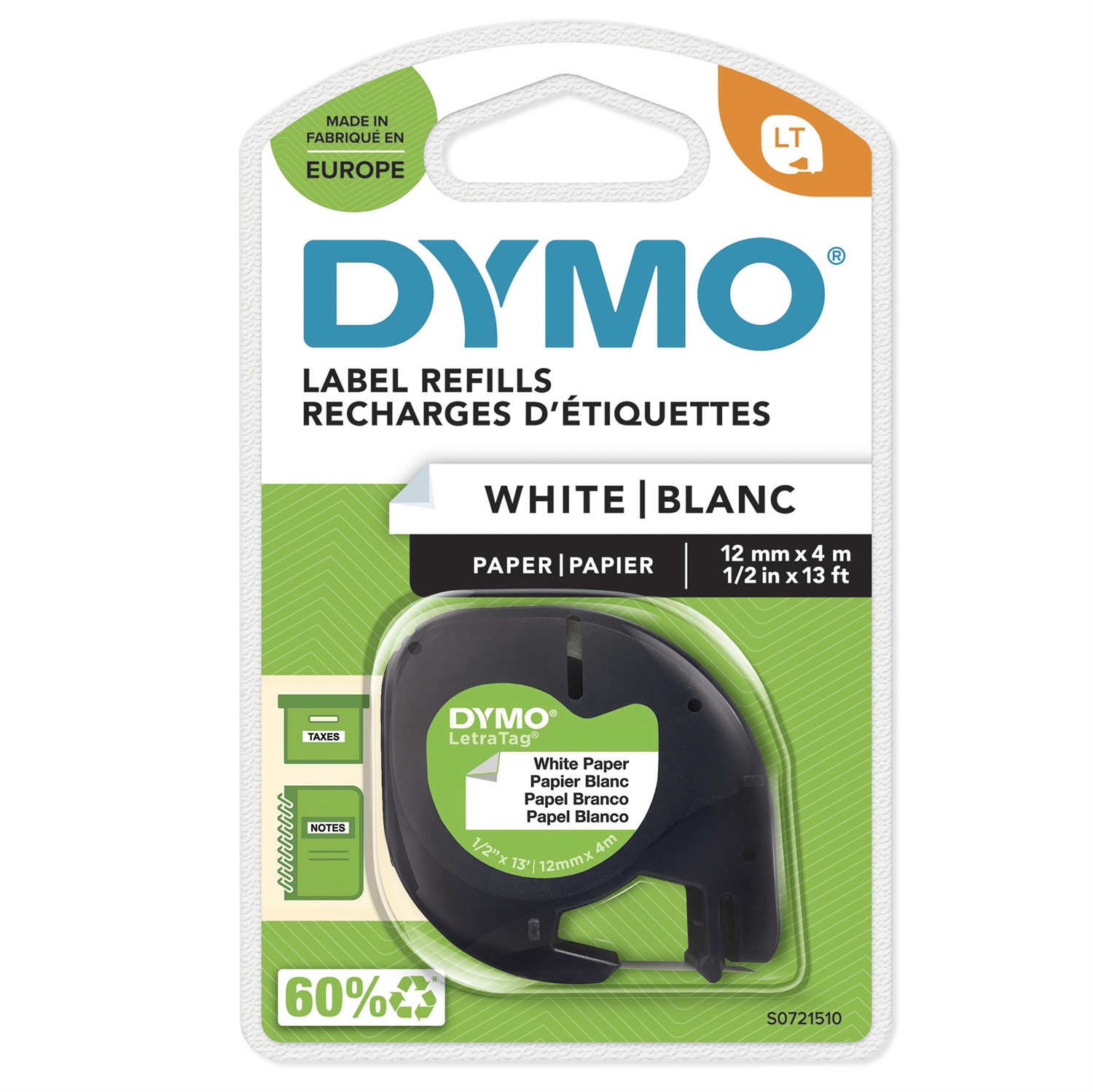 Dymo Nastro per Etichettatrici LetraTag in Carta 12 mm x 4 m Nero su Bianco