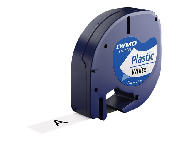 DYMO Nastro in Plastica per Etichettatrici LetraTag 12mm x 4m - Bianco/Nero, Resistente e Lavabile
