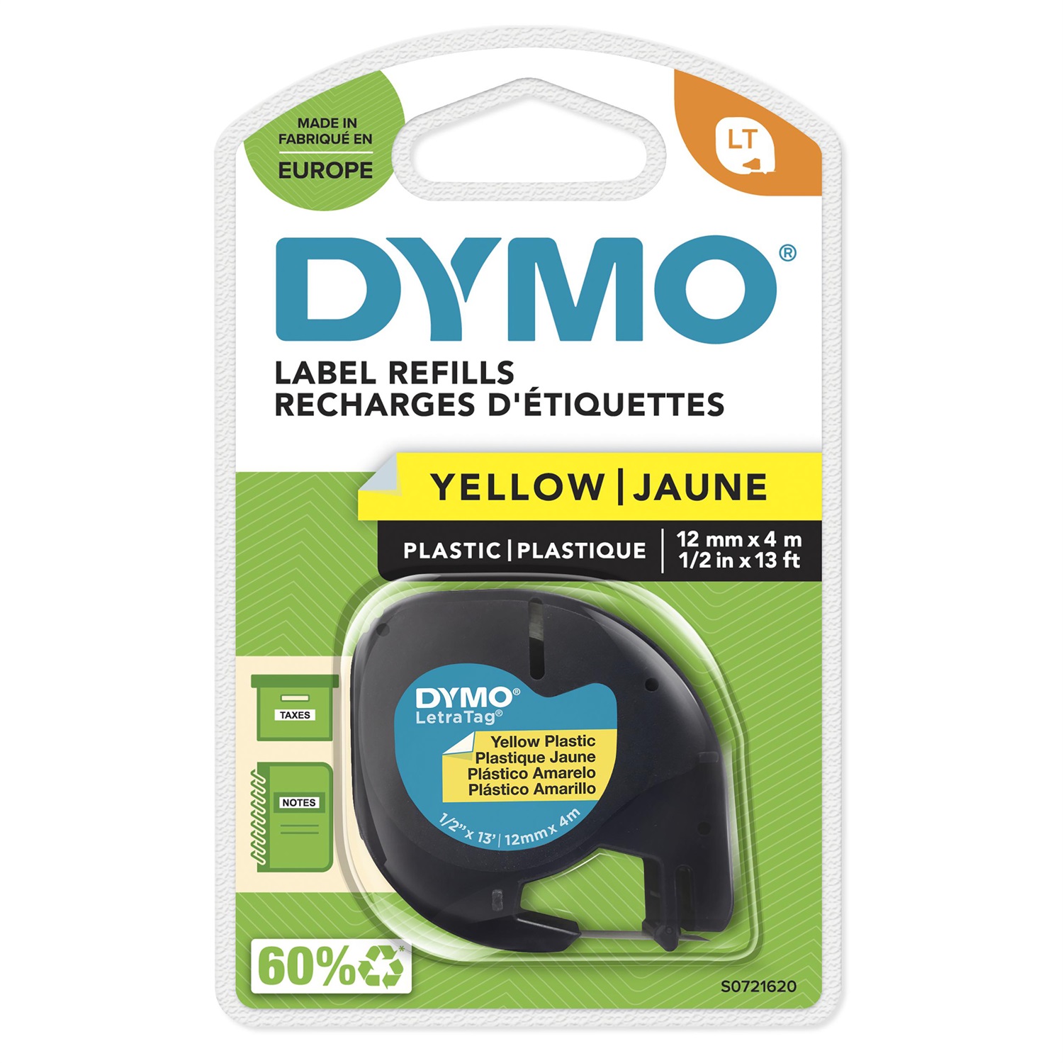 DYMO Nastro per Etichettatrici LetraTag in Plastica 12 mm x 4 m - Nero su Giallo (S0721620)
