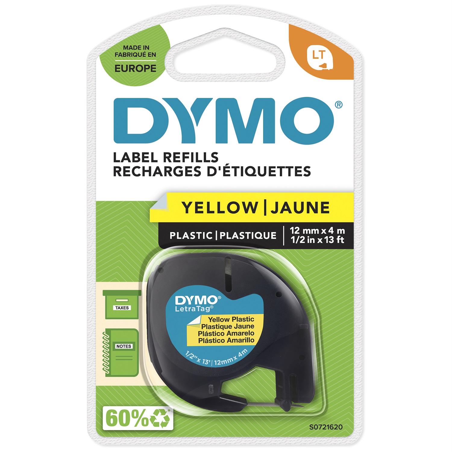 DYMO Nastro per Etichettatrici LetraTag in Plastica 12 mm x 4 m - Nero su Giallo (S0721620)