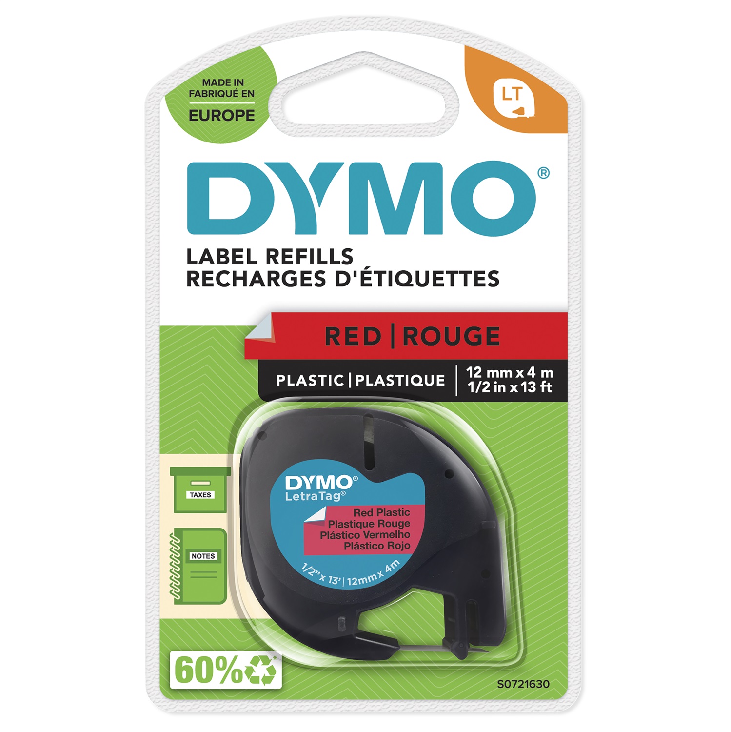 DYMO Nastro LetraTag in Plastica 12 mm x 4 m - Rosso - Etichette Autoadesive