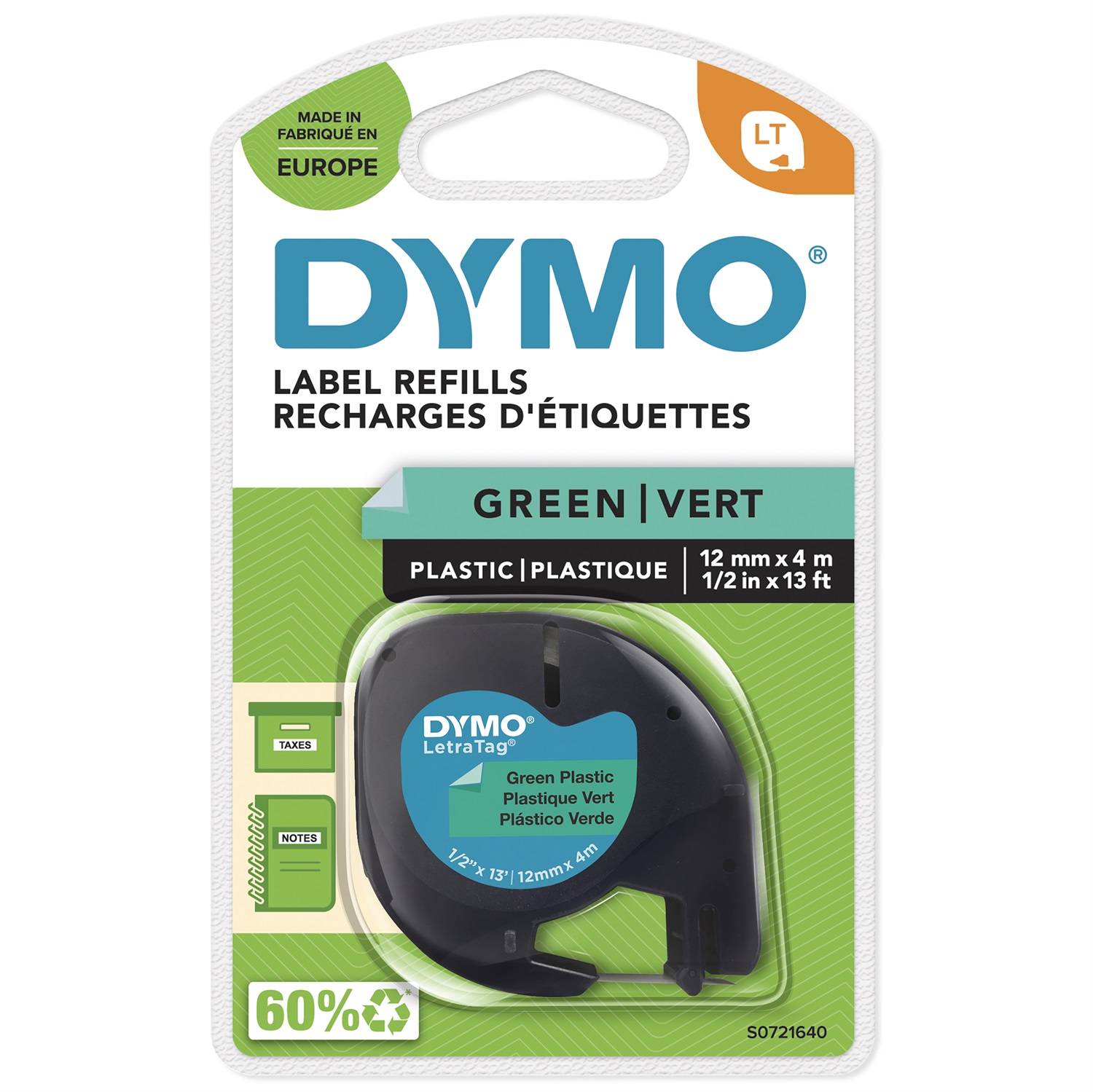 Dymo Nastro LetraTag 12 mm x 4 m - Plastica Nero su Verde - Etichette Autoadesive