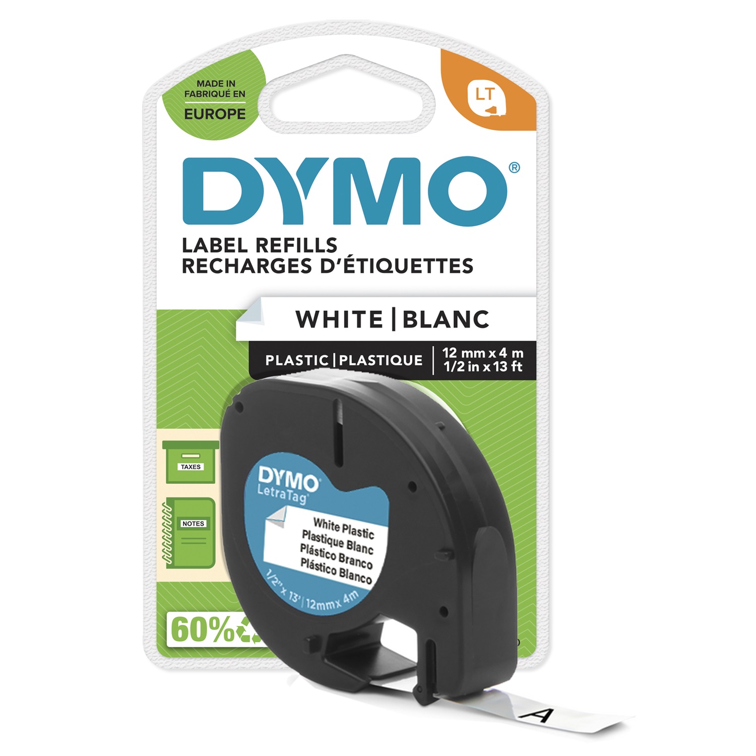 DYMO Nastro LetraTAG 12mm x 4m in Poliestere Nero su Bianco - S0721660