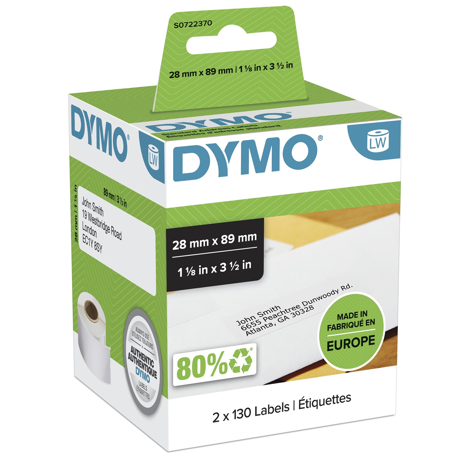 DYMO LW Etichette per Indirizzi Standard - 28 x 89 mm - Bianco - 2 Rotoli da 130 Etichette Autoadesive (260 pezzi) - S0722370