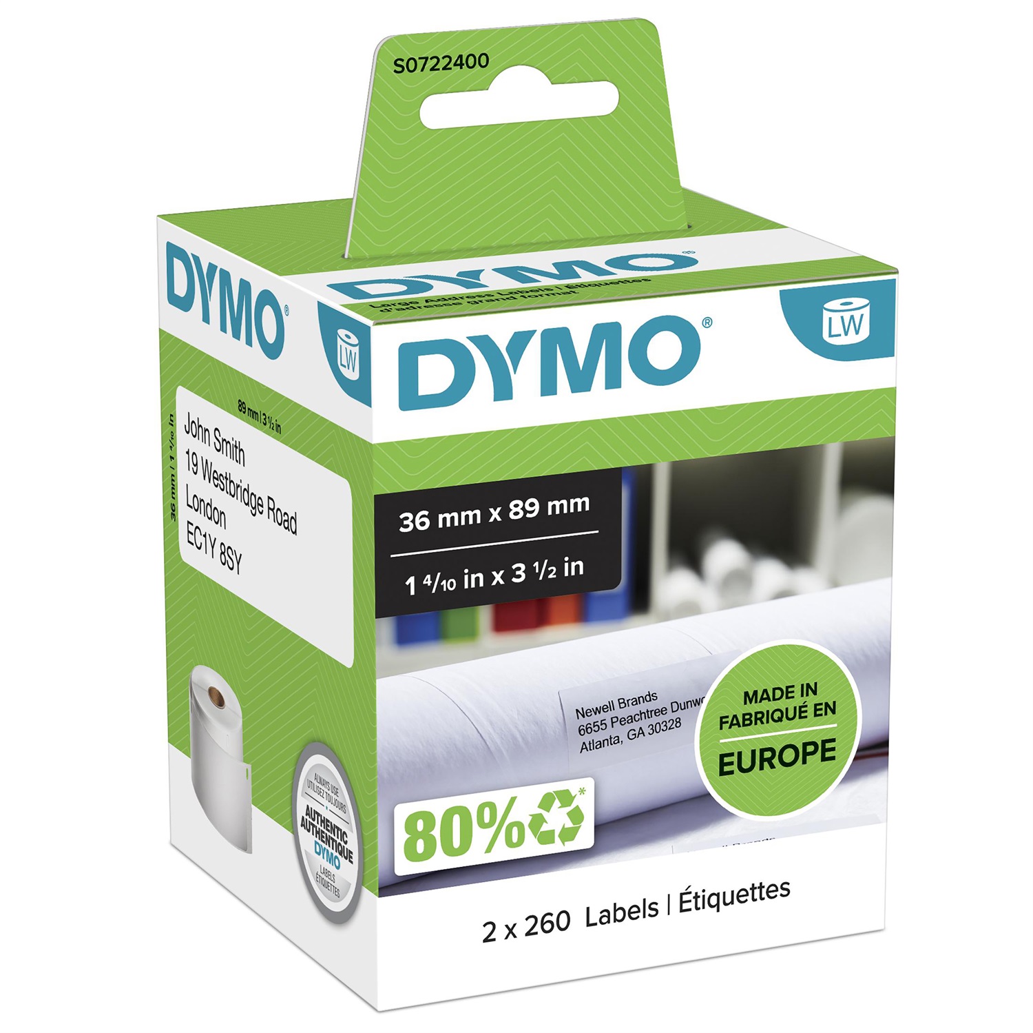 DYMO LW - Etichette indirizzi grandi - 36 x 89 mm - Bianco - S0722400 - Confezione da 2 rotoli da 260 etichette