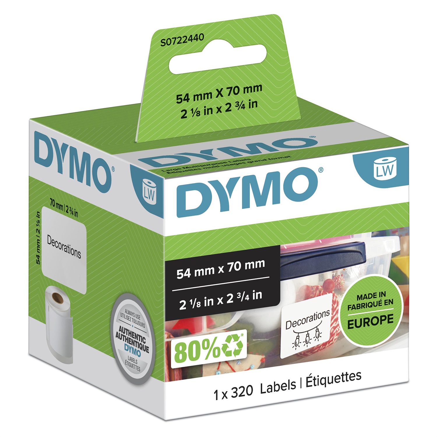 DYMO Etichette LabelWriter Adesive Permanenti 54 x 70 mm - Bianco - 320 Pezzi - S0722440
