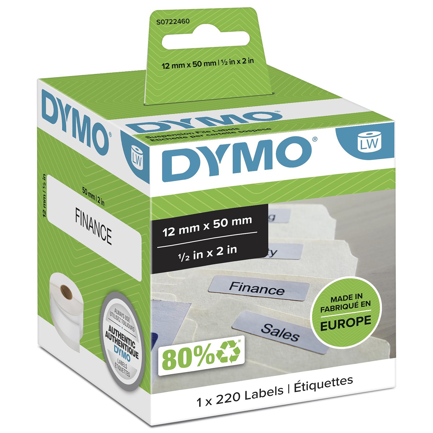 DYMO Etichette per Cartelle Sospese - 12 x 50 mm - S0722460 - Bianco, Autoadesive, 220 Etichette per Rotolo