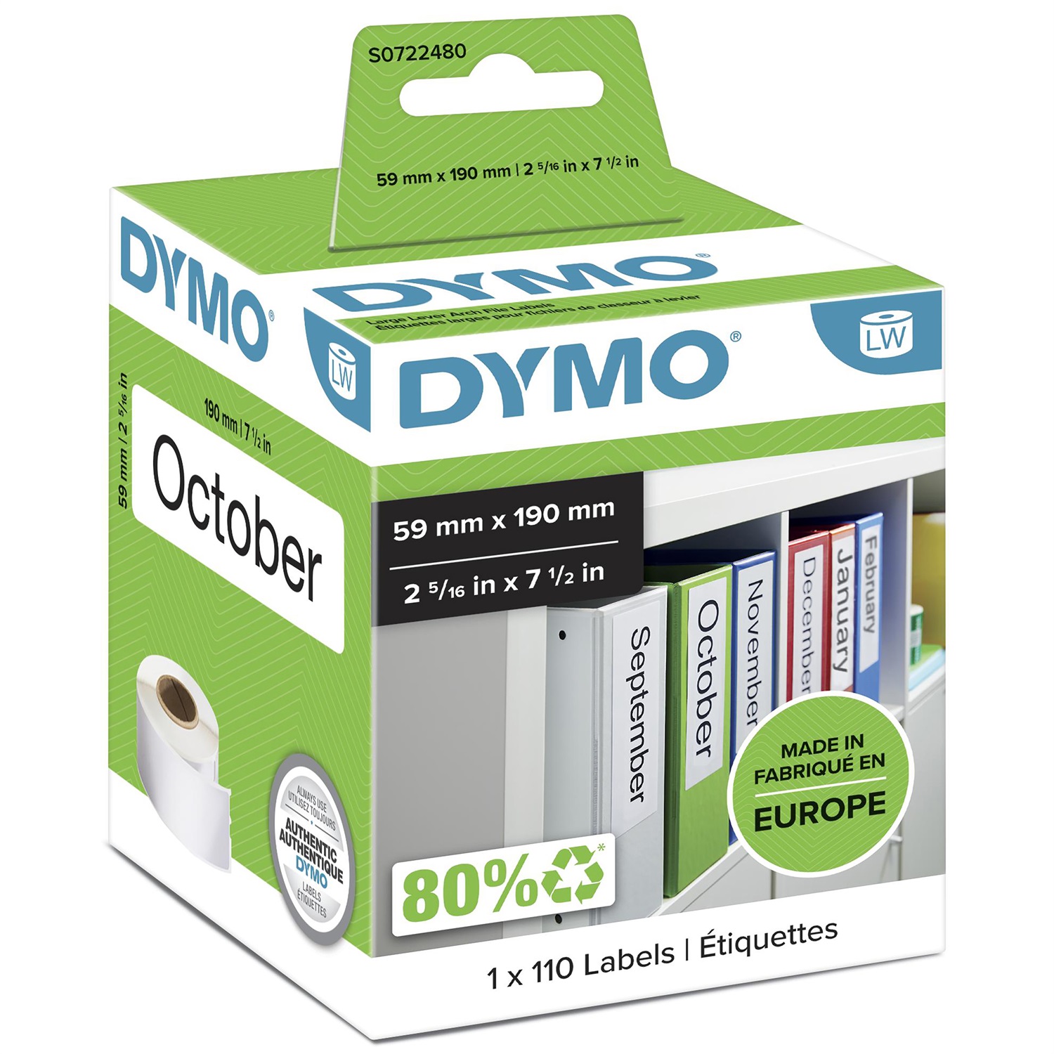 DYMO Etichette LAF Grandi - 59 x 190 mm - Bianco - Rotolo da 110 Etichette Autoadesive in Carta - S0722480