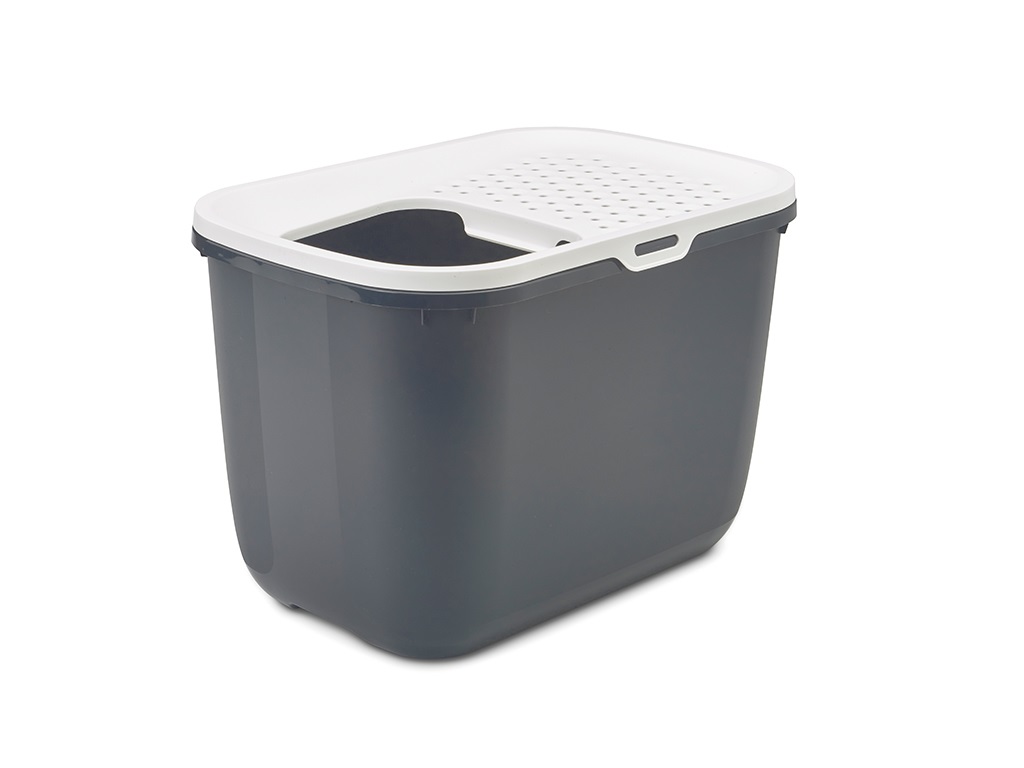 Savic Hop In Toilette per Gatti con Ingresso dall'Alto - Grigio, Bianco, Antracite, Design con Coperchio a Ribalta